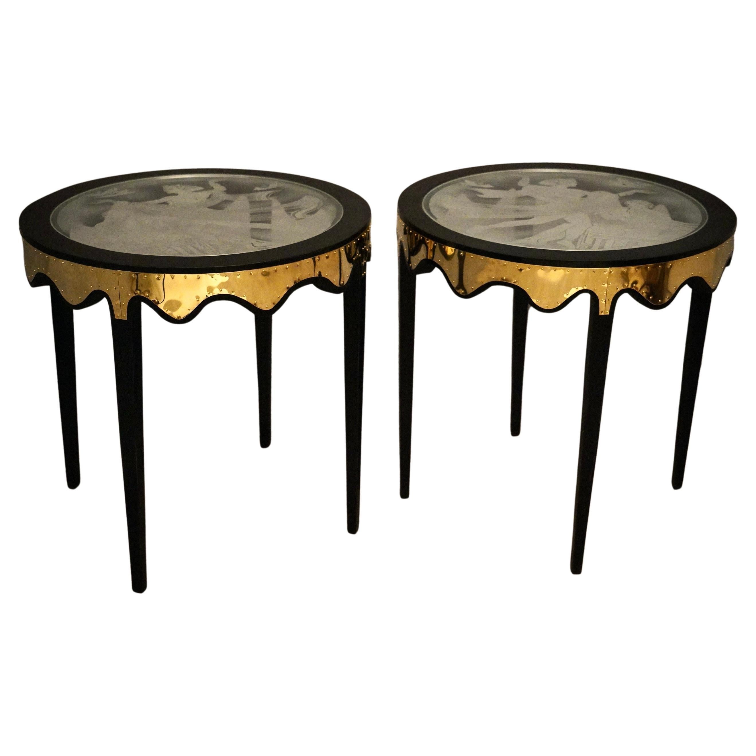Midcentury Art Glass Black Shellac and Brass Italian Sofa Side Tables, 1950