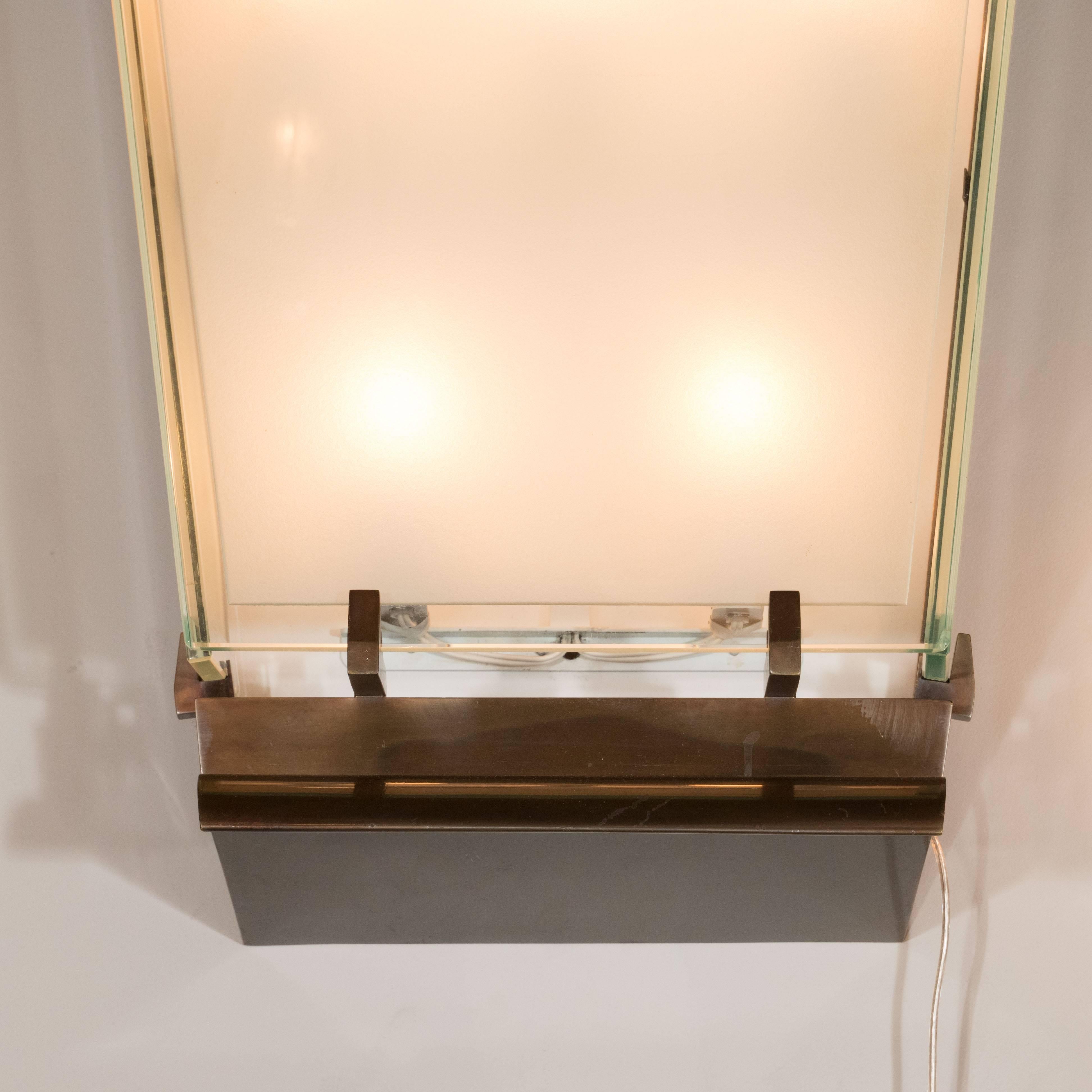 Mid-Century Modern Midcentury Art Moderne Patinated Bronze and Frosted Glass Lantern Sconces, Pair