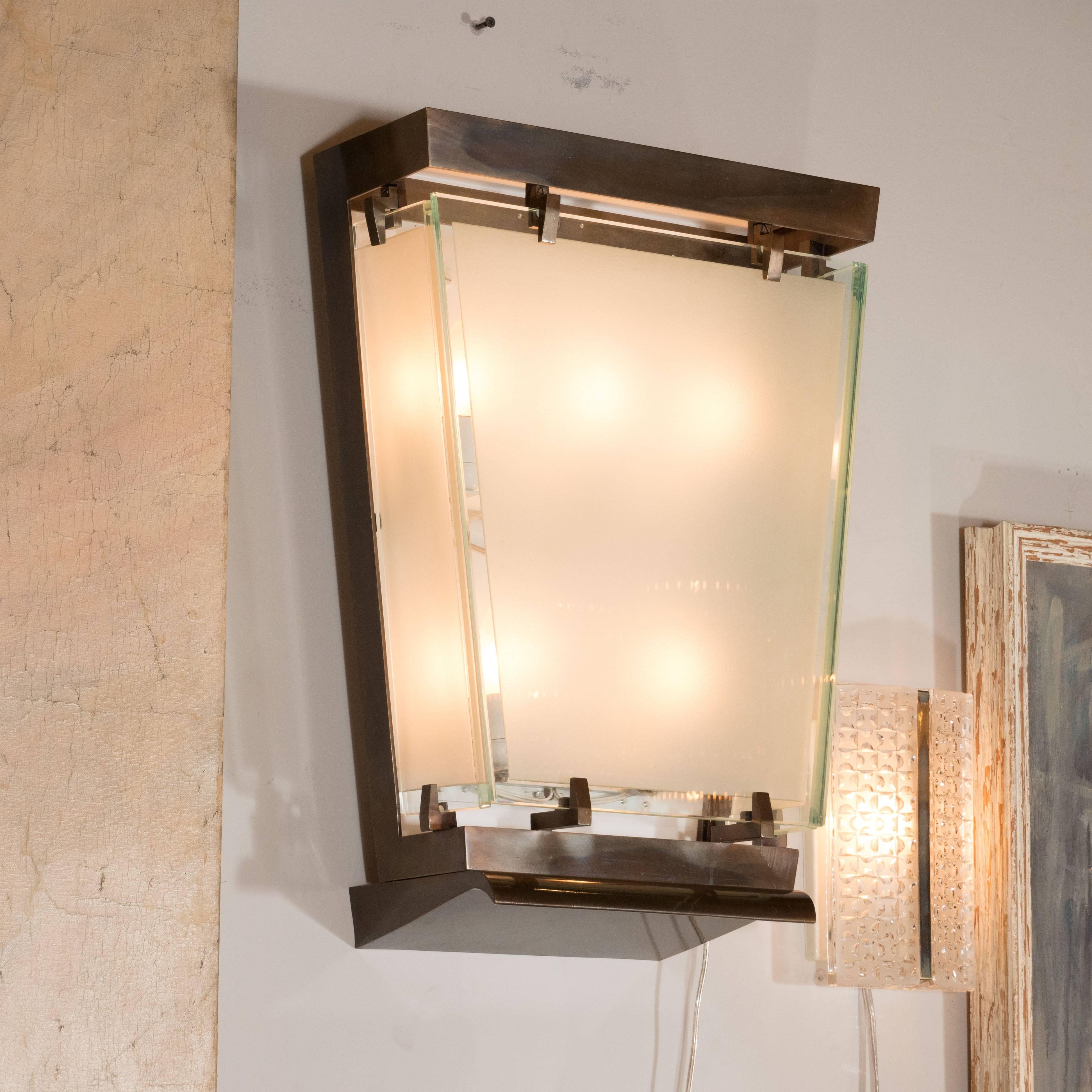 Midcentury Art Moderne Patinated Bronze and Frosted Glass Lantern Sconces, Pair In Excellent Condition In New York, NY