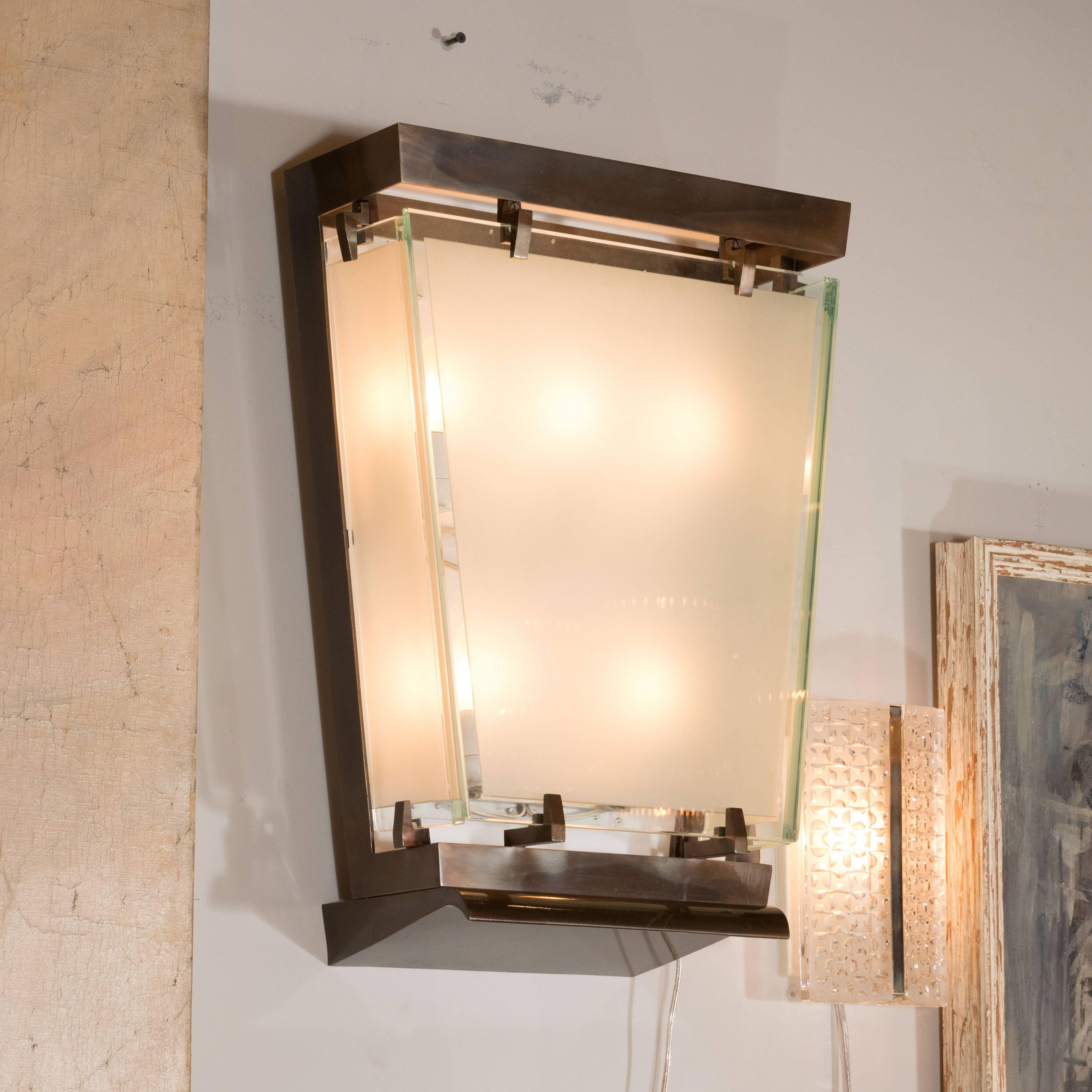 Mid-20th Century Midcentury Art Moderne Patinated Bronze and Frosted Glass Lantern Sconces, Pair