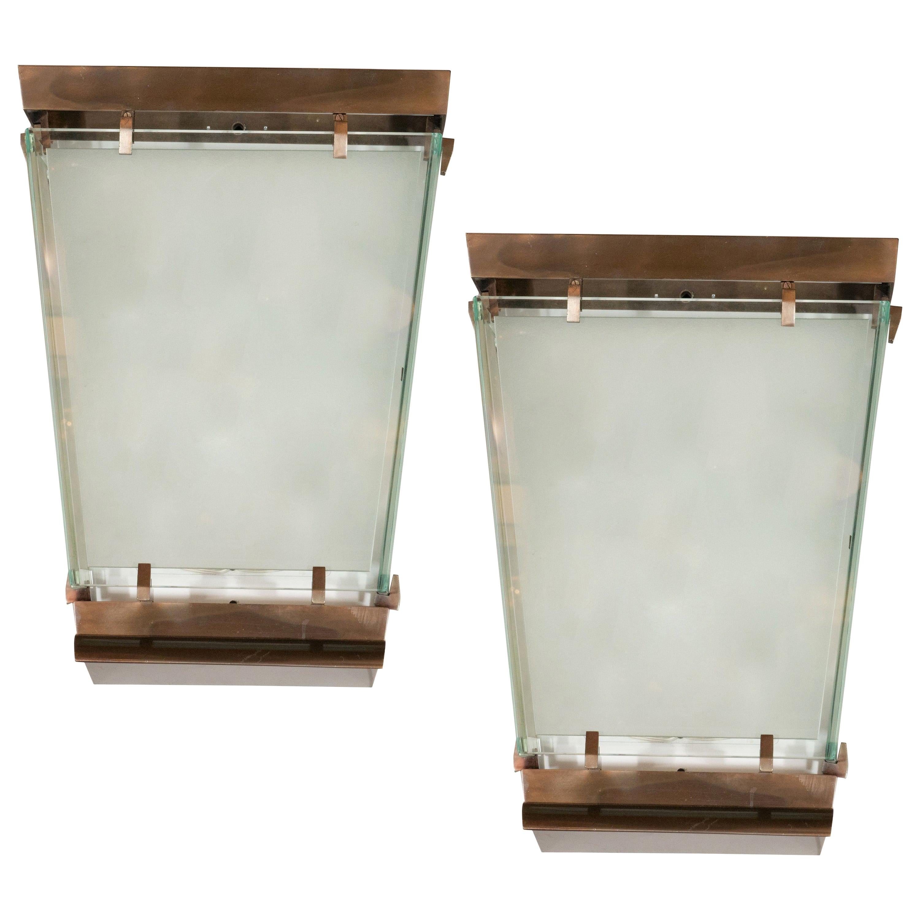 Midcentury Art Moderne Patinated Bronze and Frosted Glass Lantern Sconces, Pair