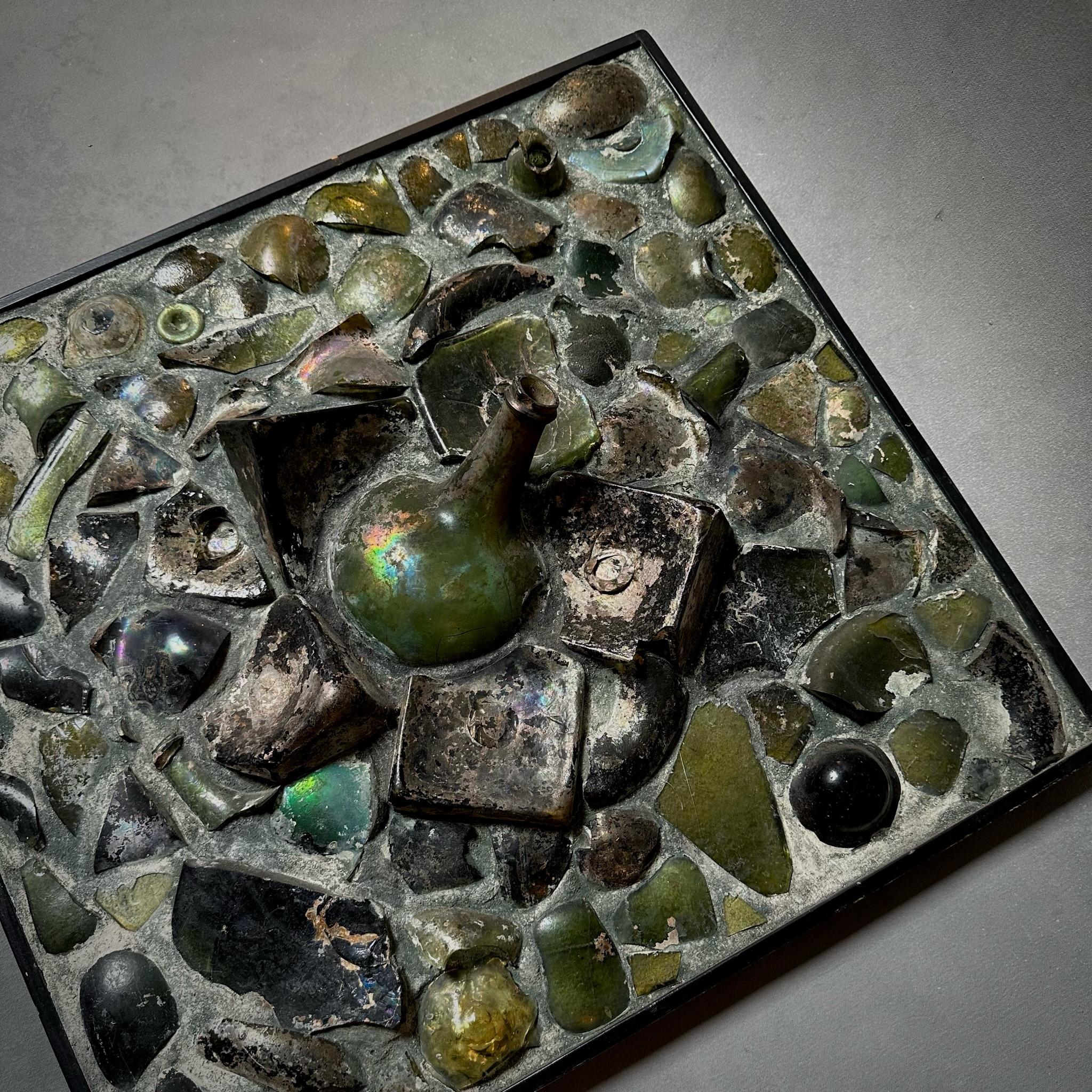 Midcentury Art Panel of Antique Glass Bottle Remnants In Good Condition For Sale In Los Angeles, CA