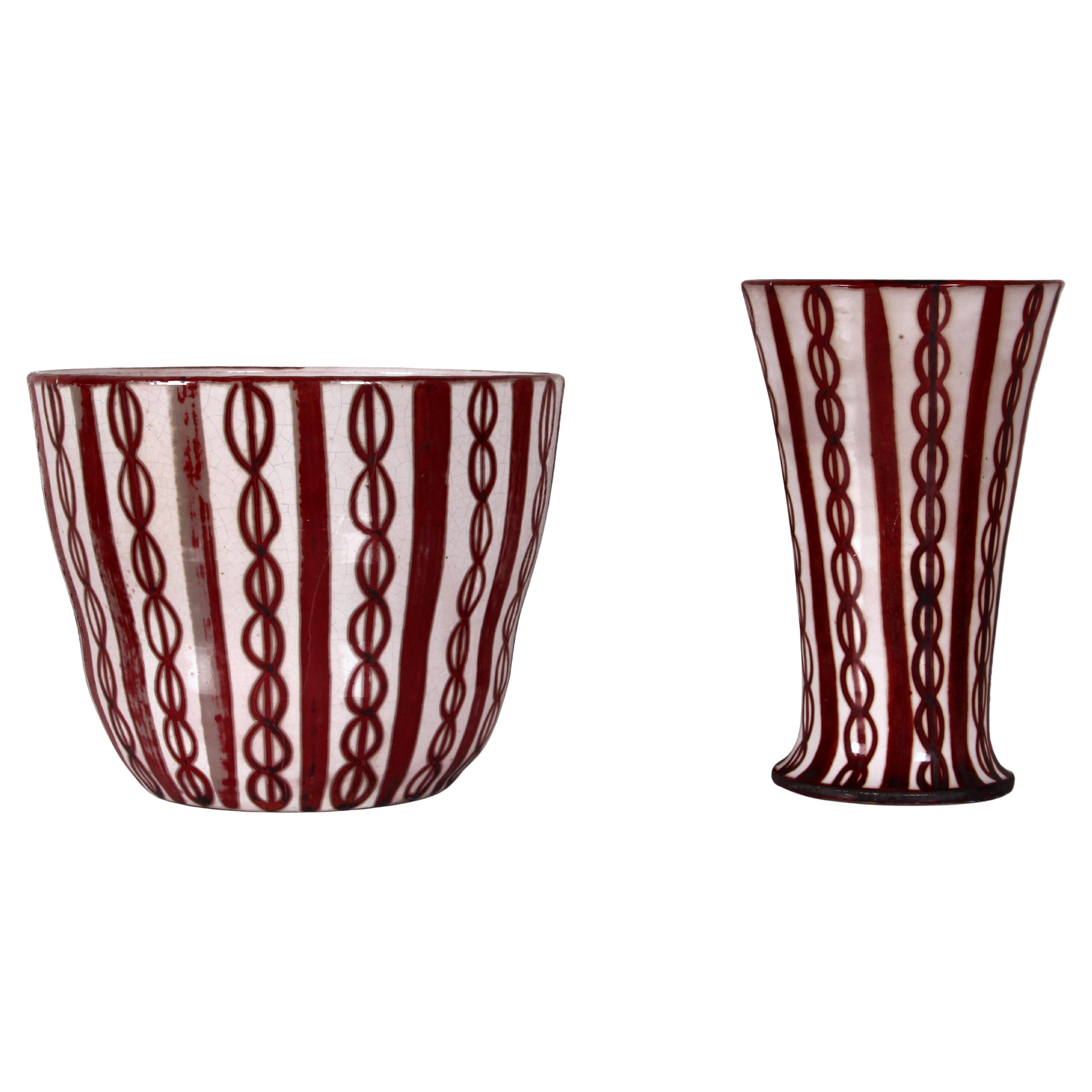 ceramica d'arte di metà secolo SET di cachepot e vaso entrambi con lo stesso smalto lucido unico in vendita