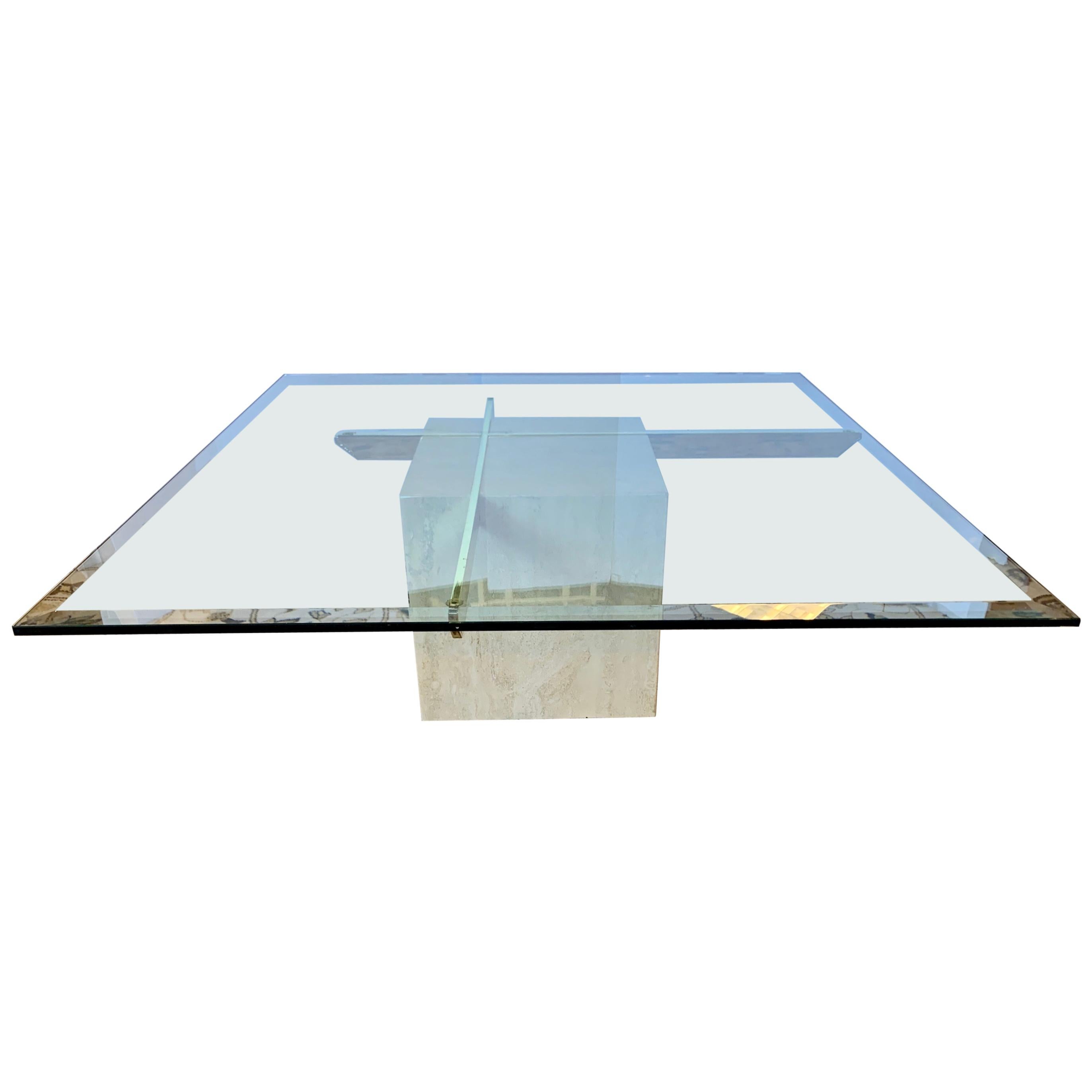 Midcentury Artedi Travertine Glass and Brass Cocktail Coffee Table Made in Italy