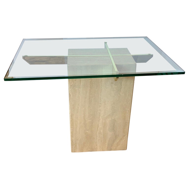 Midcentury Artedi Travertine Glass and Brass Side Table, Made in Italy