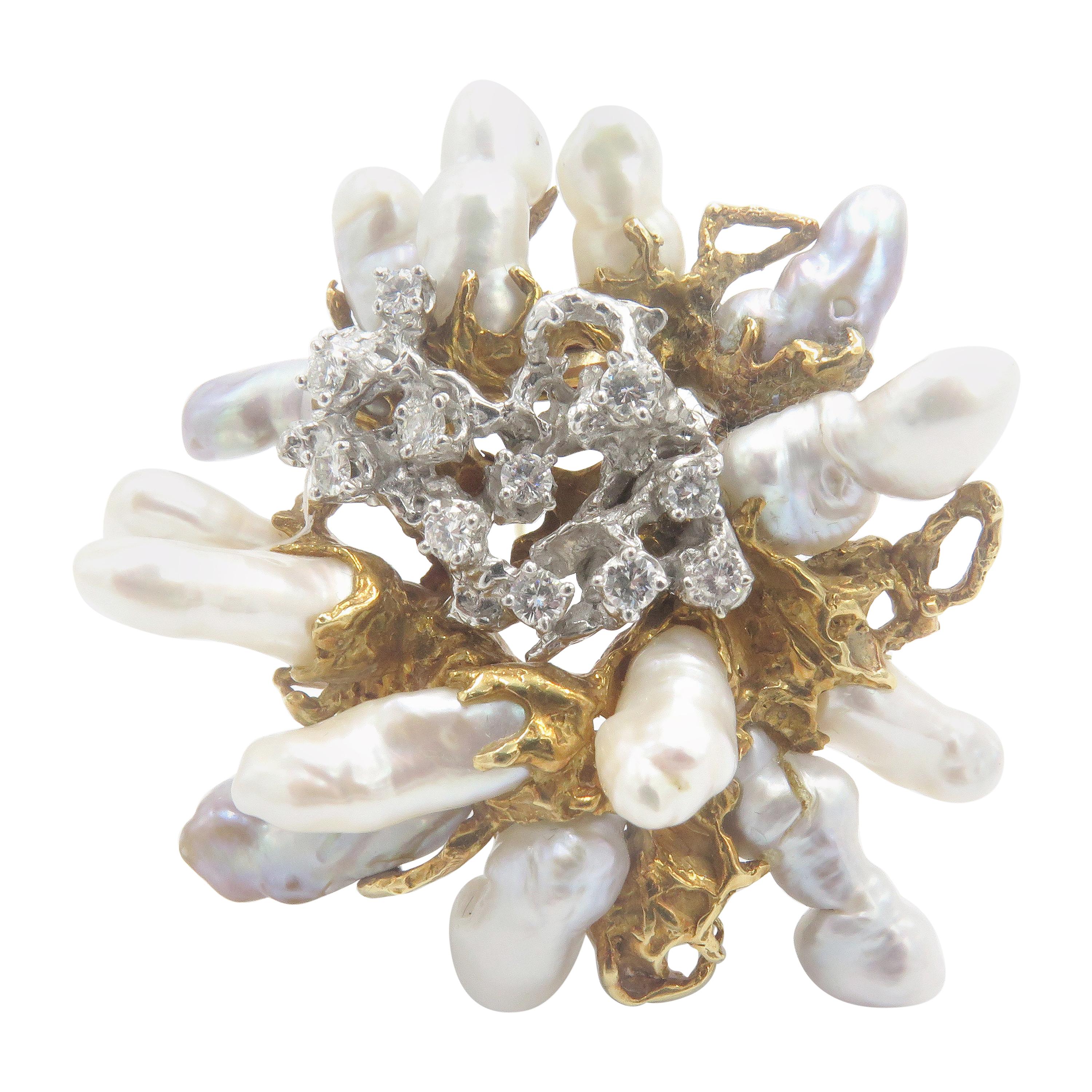 Brosche / Anhänger mit Biwa-Perlen und Diamanten, Arthur King, Mitte des Jahrhunderts