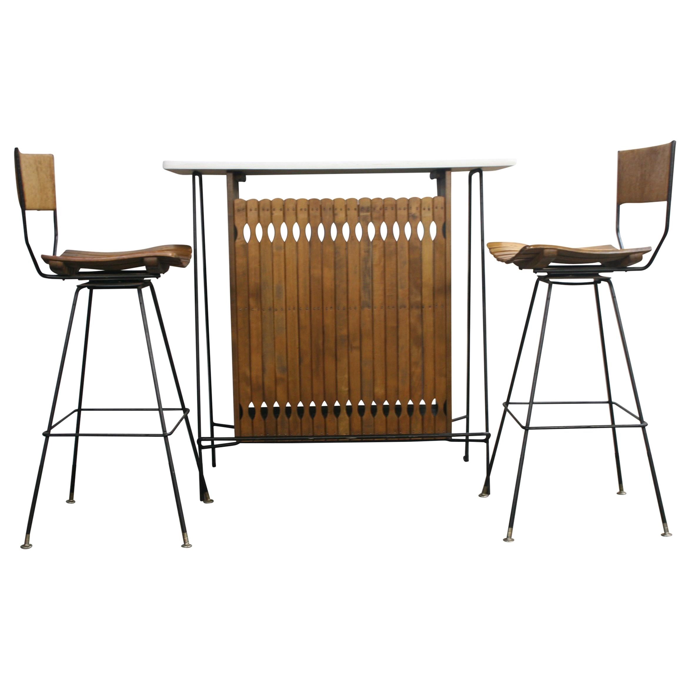 Midcentury Arthur Umanoff Bar Set for Raymor with 2 Stools Iron and Wood