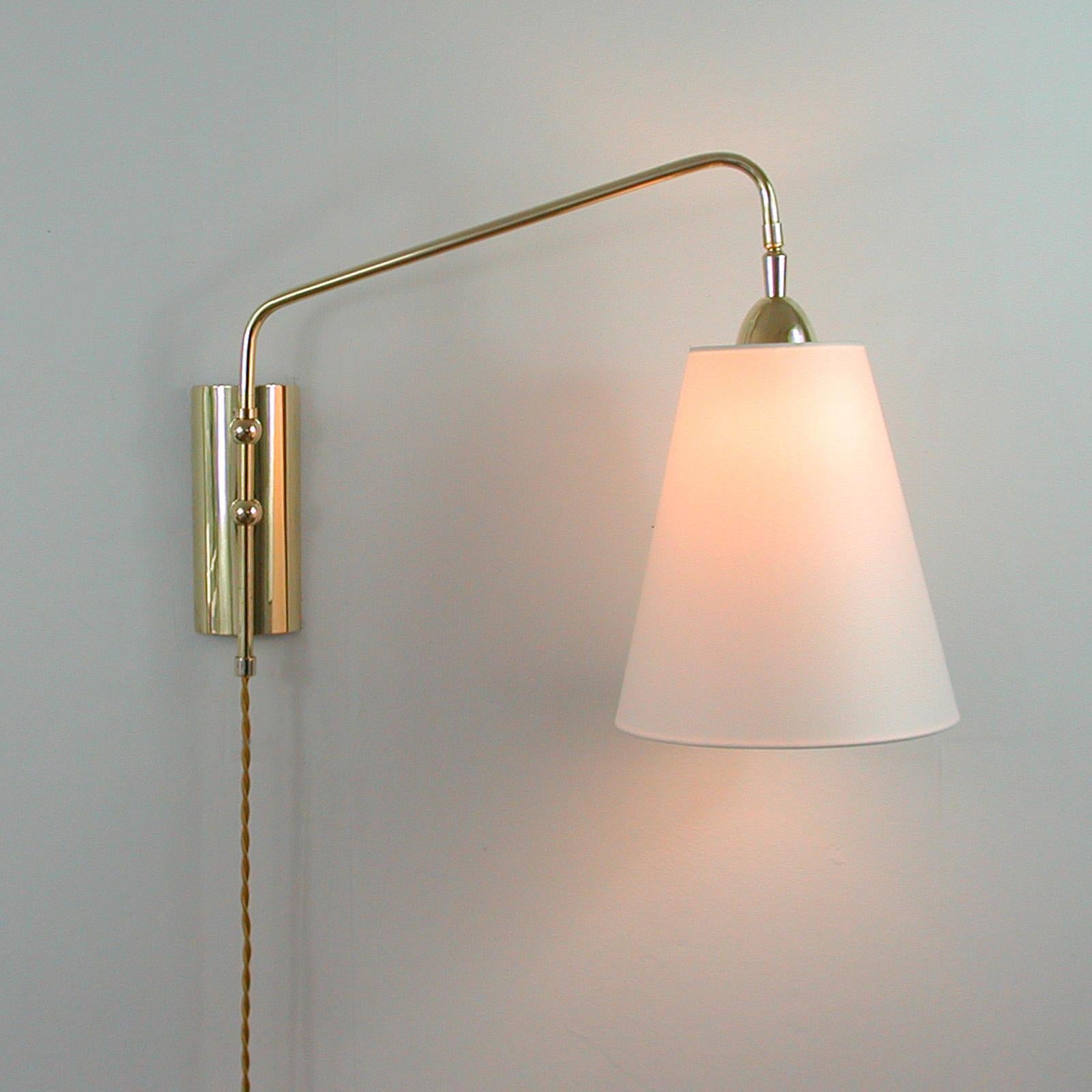 Mid-Century Modern Articulating Brass & Fabric Wall Light JT Kalmar 'attr.', 1960s, Set of 2