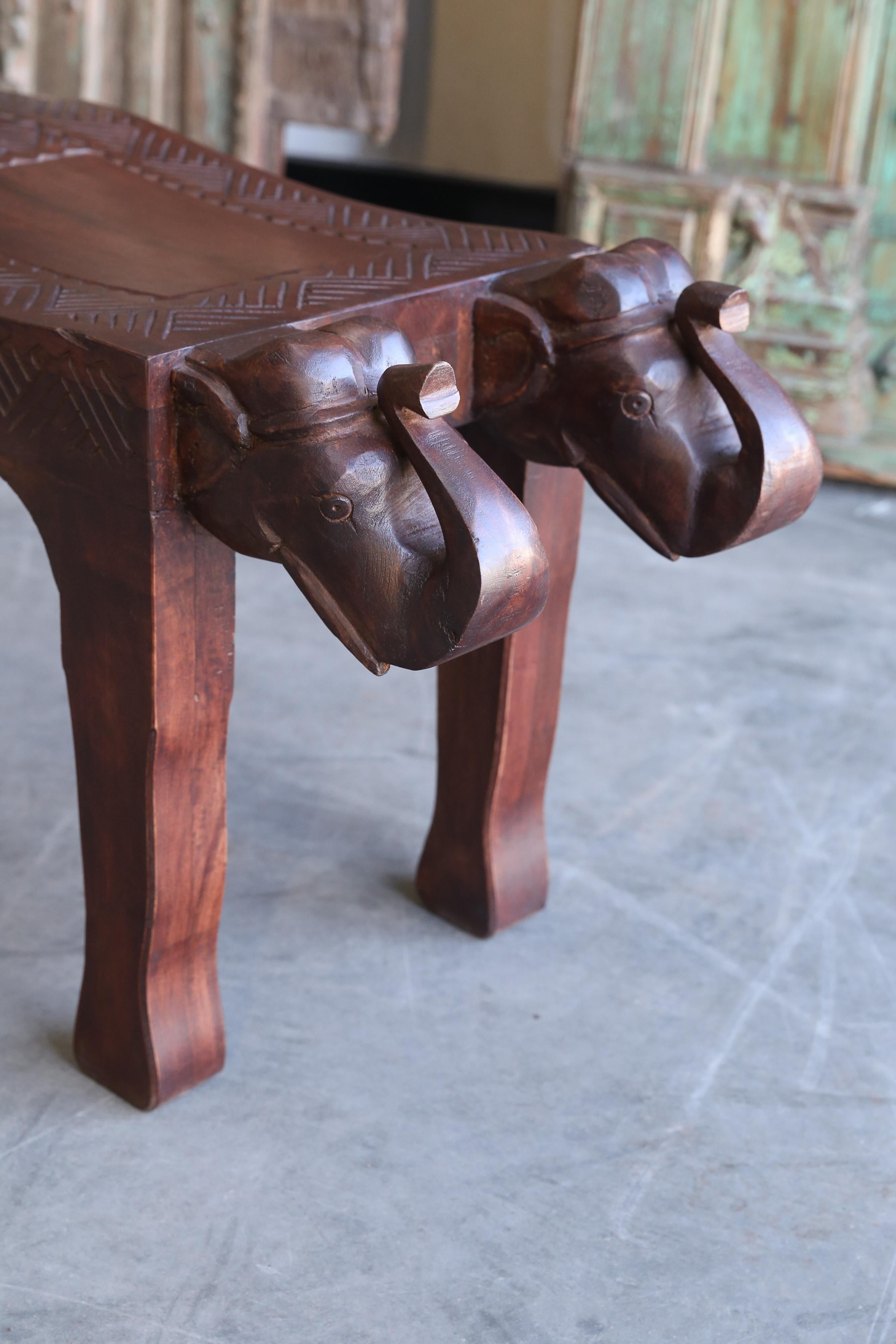 Anglo Raj Midcentury Artistically Carved Solid Teak Wood Bench from Village Headman Home