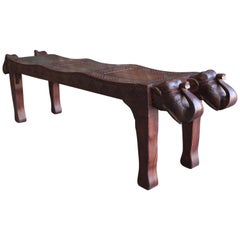 Midcentury Artistically Carved Solid Teak Wood Bench from Village Headman Home