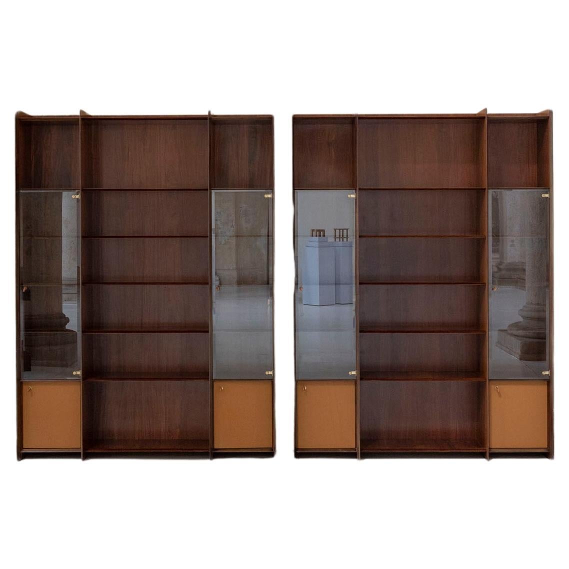 Midcentury  wood and leather bookcase by Afra and Tobia Scarpa for Maxalto