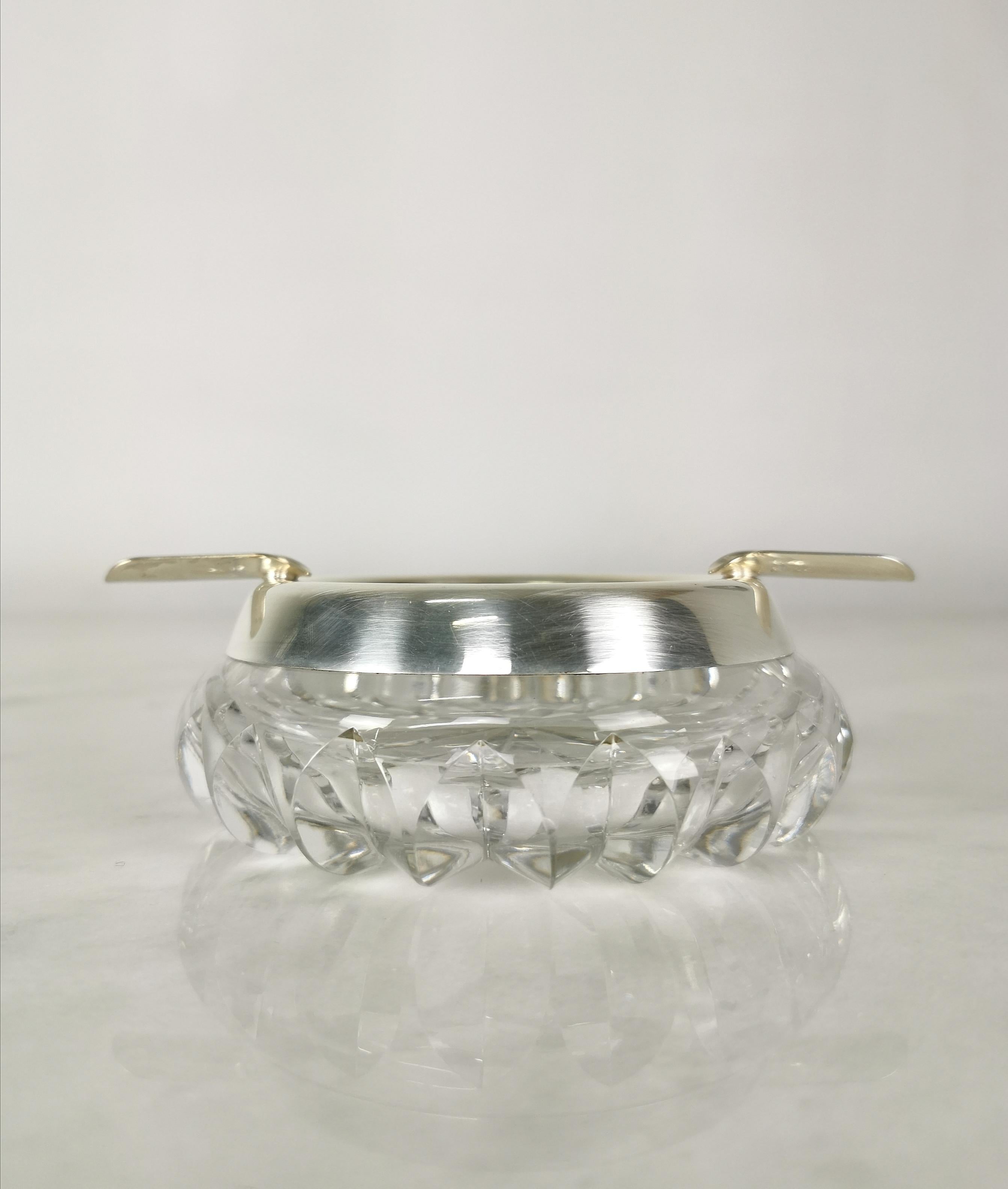 Mid-Century Modern Midcentury Ashtray Crystal Glass Silver Plated Round Italian Design 1970s