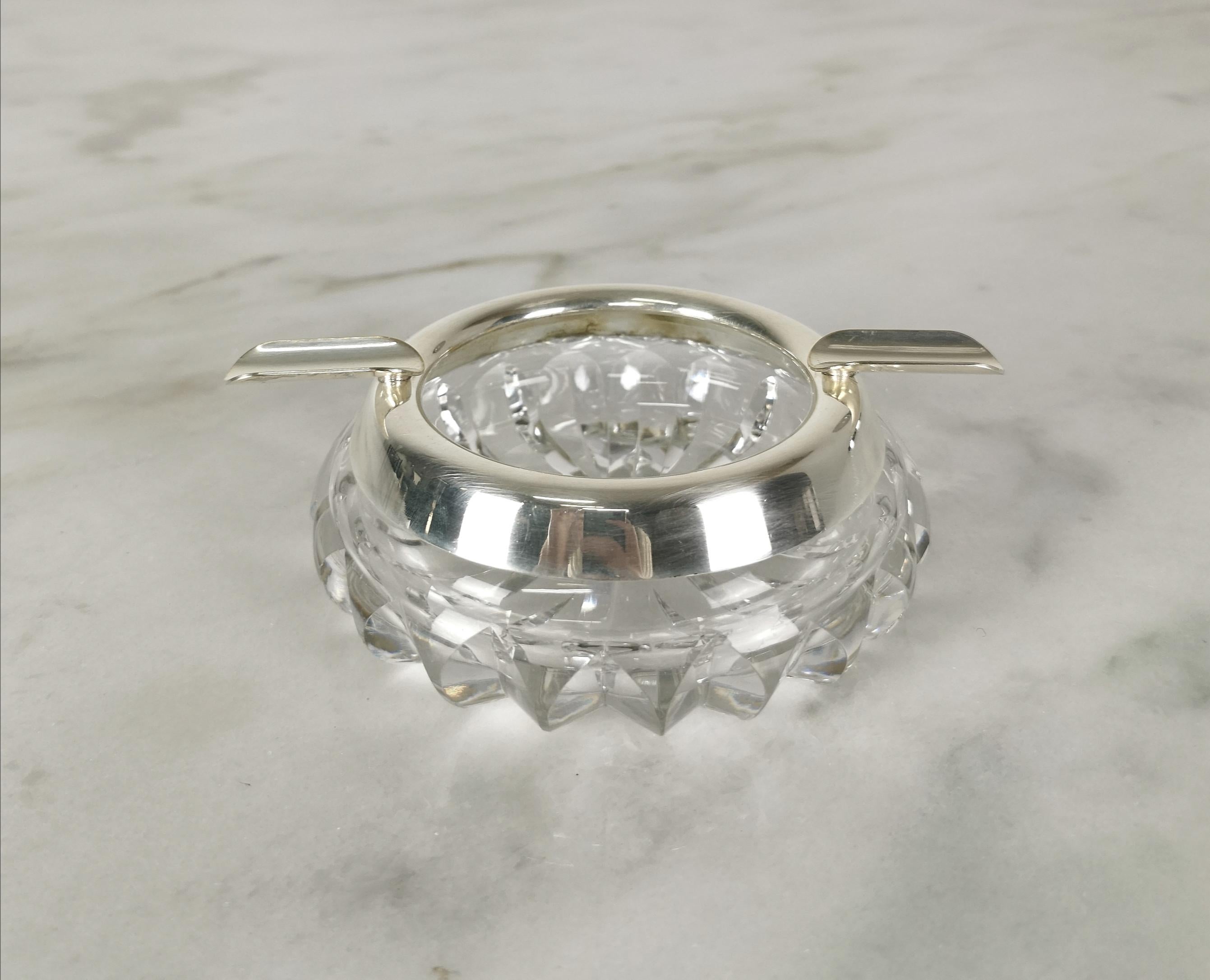 20th Century Midcentury Ashtray Crystal Glass Silver Plated Round Italian Design 1970s