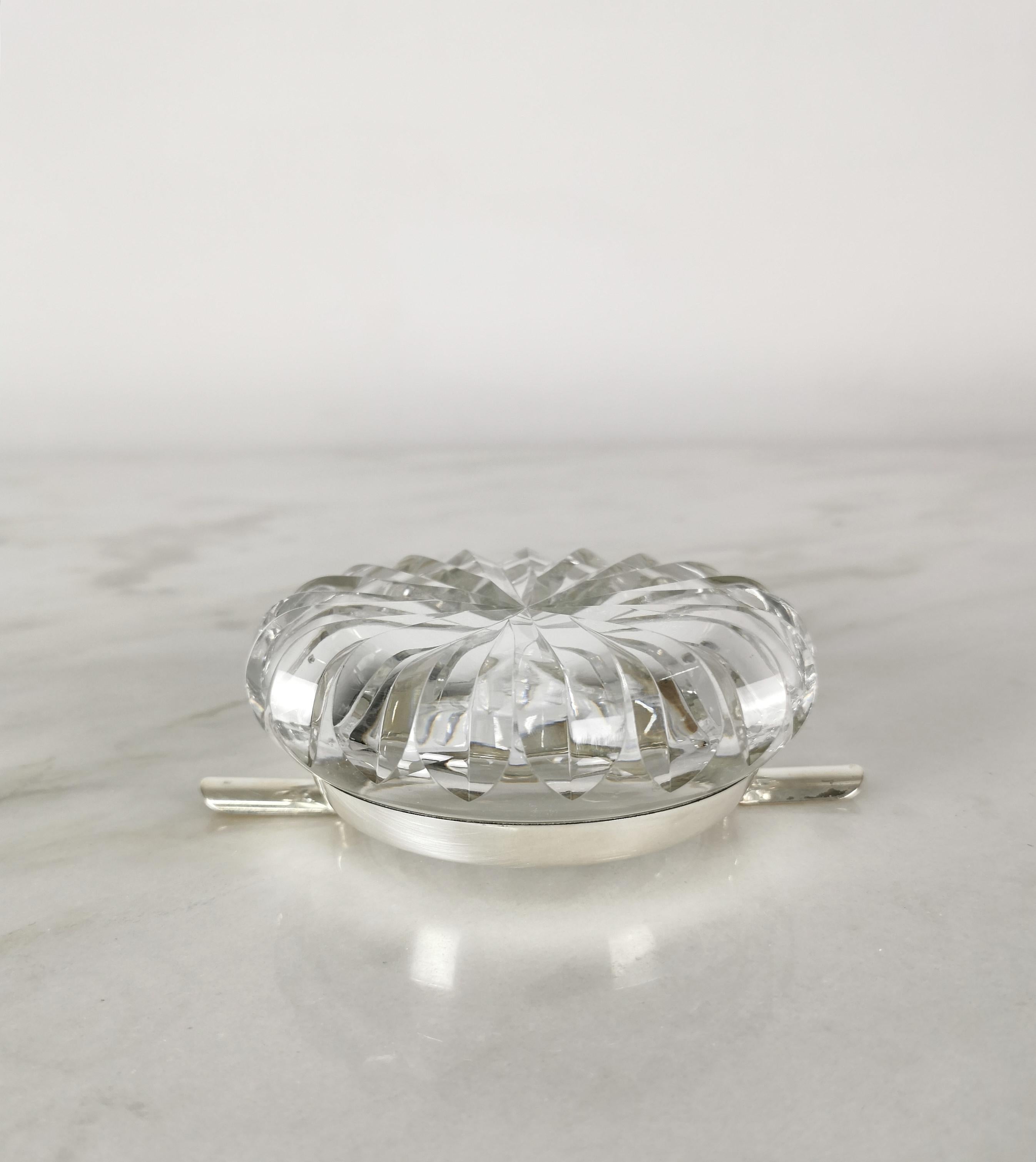 Midcentury Ashtray Crystal Glass Silver Plated Round Italian Design 1970s 1