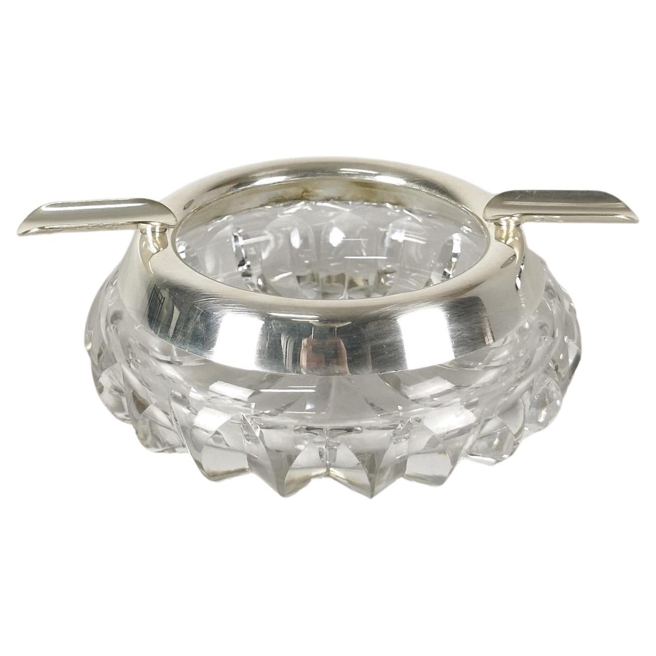 Midcentury Ashtray Crystal Glass Silver Plated Round Italian Design 1970s