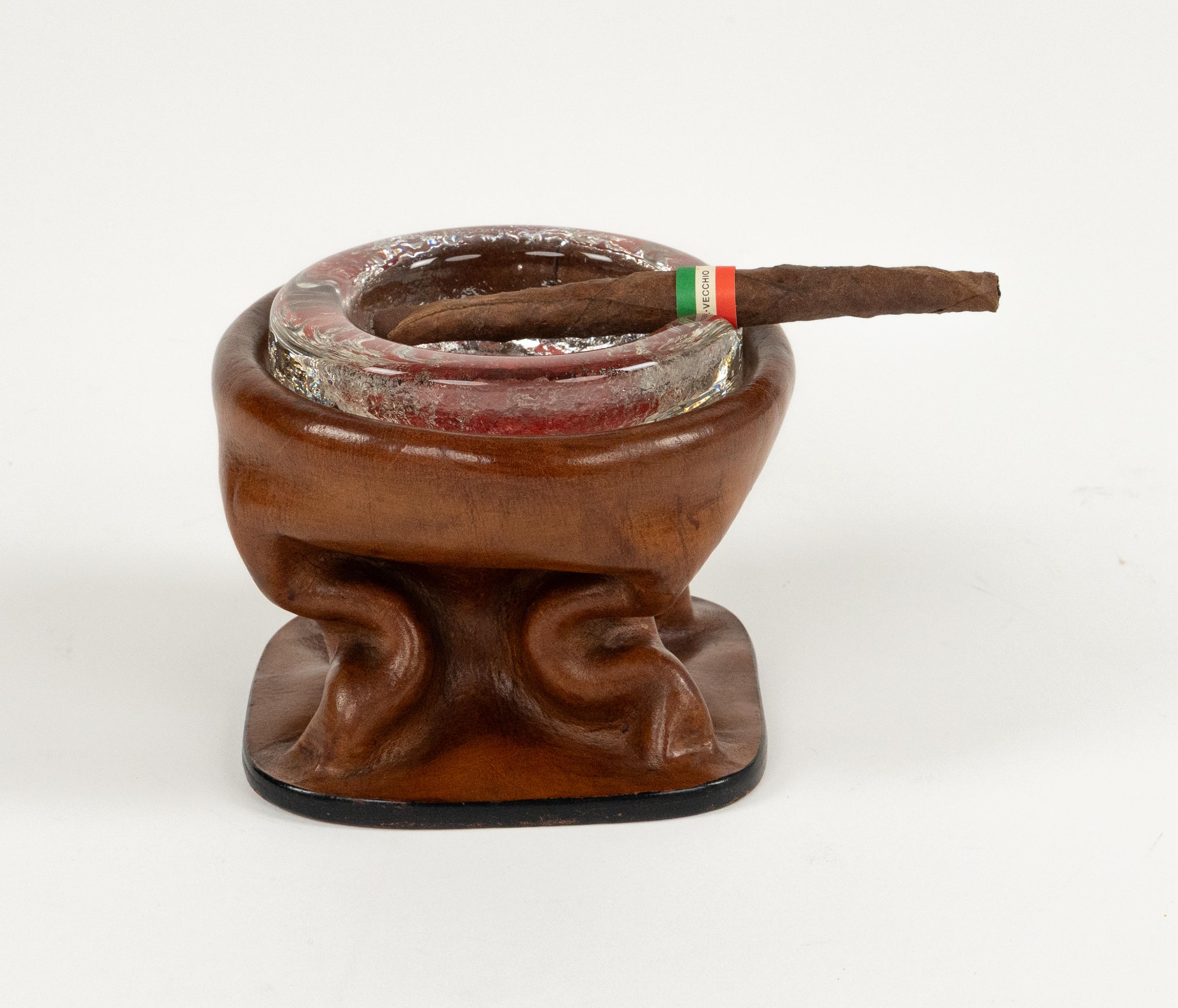 Mid-Century Modern Midcentury Ashtray in Curved Leather and Glass Jacques Adnet Style, Italy 1970 For Sale