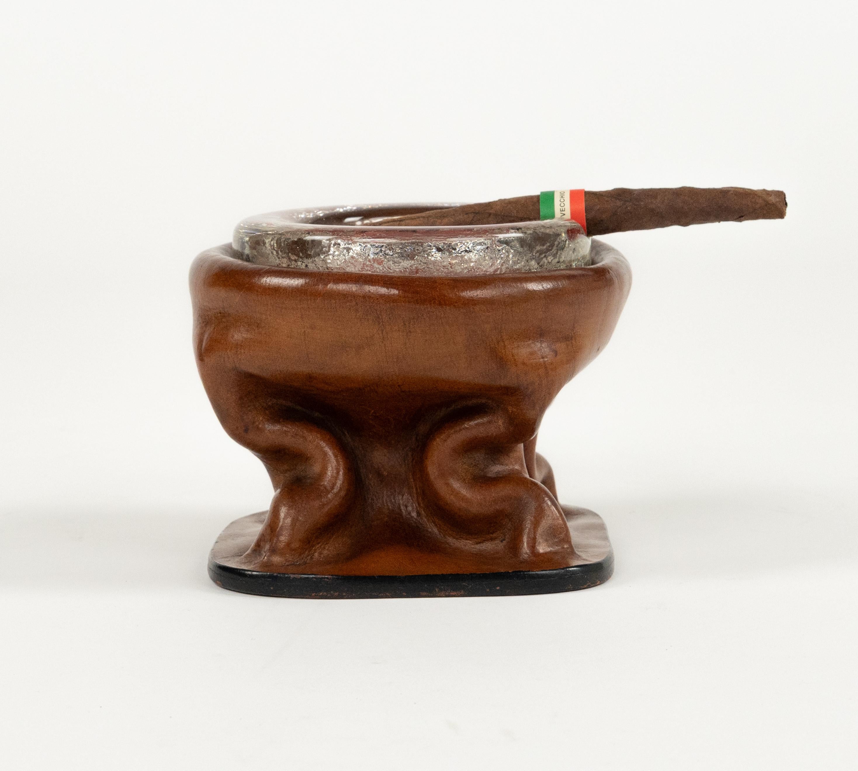 Italian Midcentury Ashtray in Curved Leather and Glass Jacques Adnet Style, Italy 1970 For Sale
