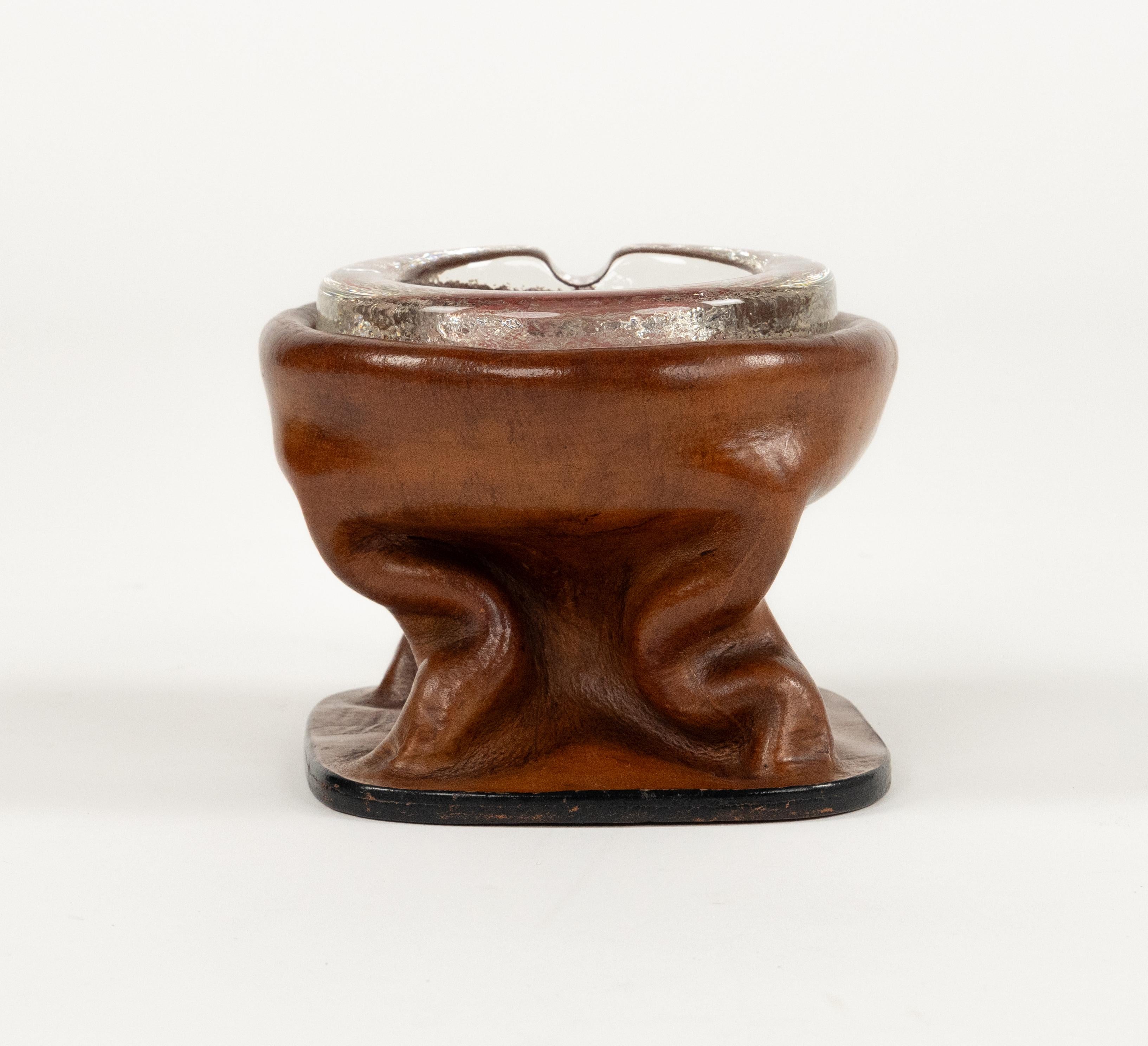 Late 20th Century Midcentury Ashtray in Curved Leather and Glass Jacques Adnet Style, Italy 1970 For Sale
