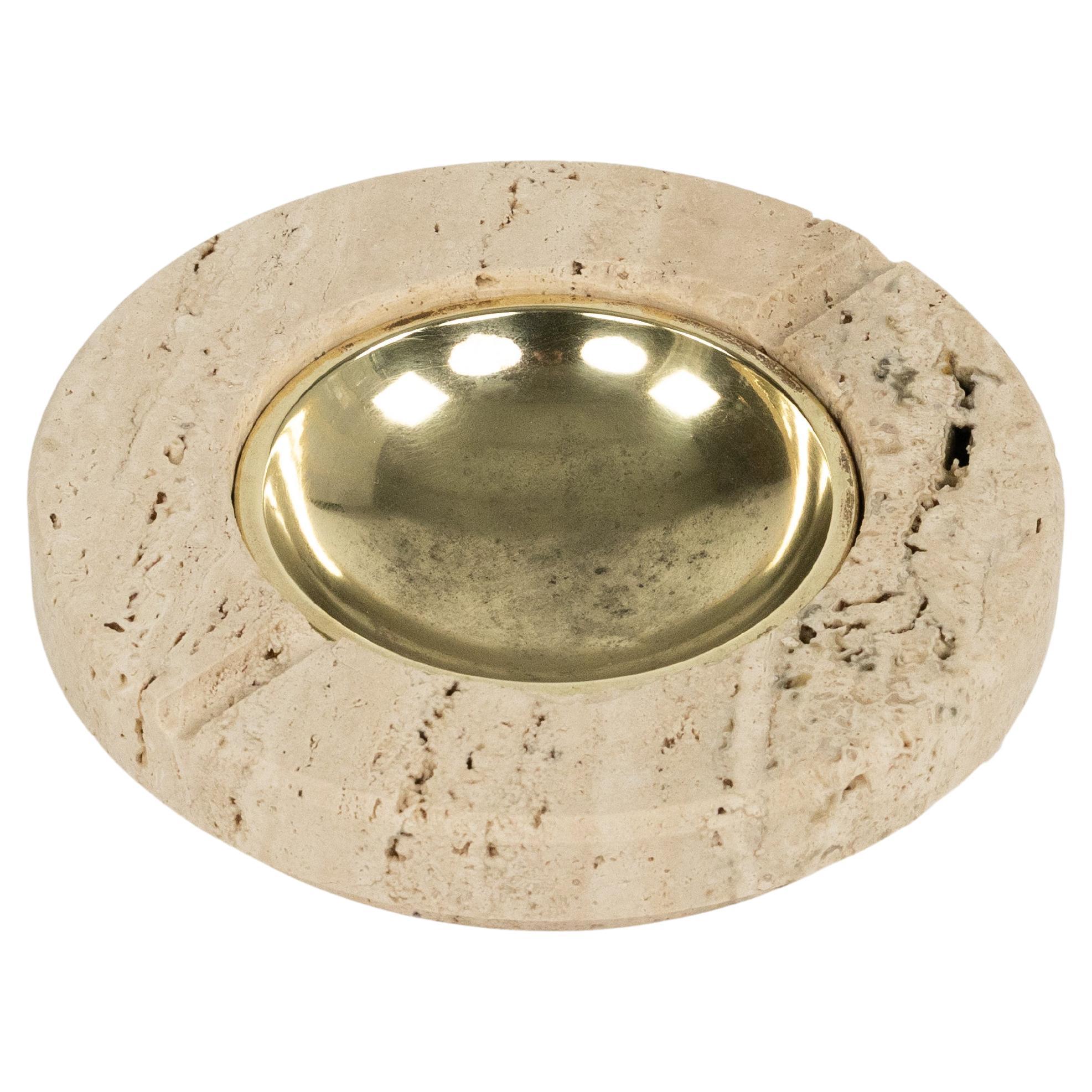 Midcentury Ashtray in Travertine and Brass Fratelli Mannelli Style, Italy 1970s