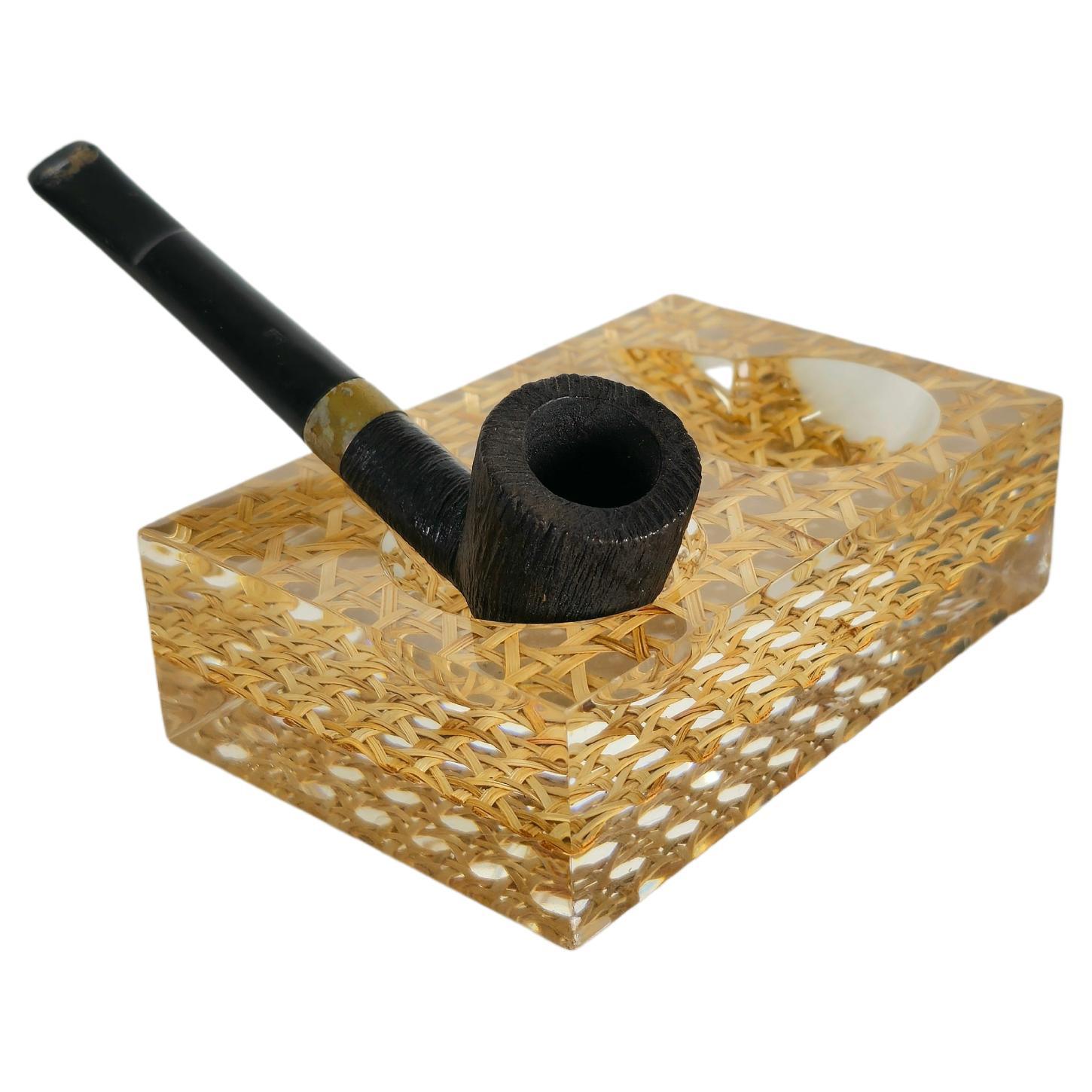 Midcentury Ashtray Pipe Holder Plexiglass Vienna Straw Tobacco Accessories 1970s For Sale