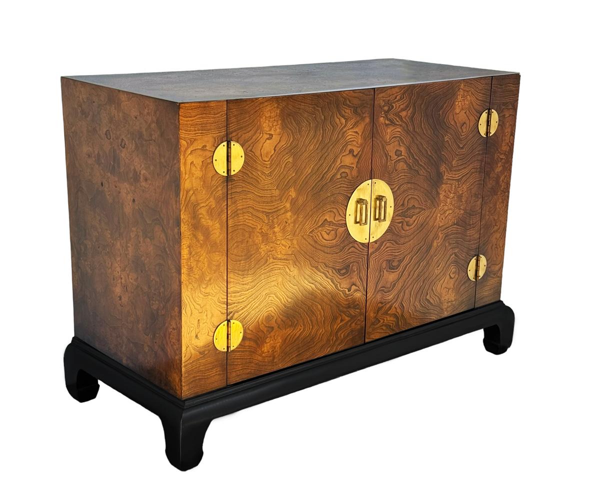 American Midcentury Asian Modern Burl Wood Cabinet Credenza Hollywood Regency Chinoiserie For Sale