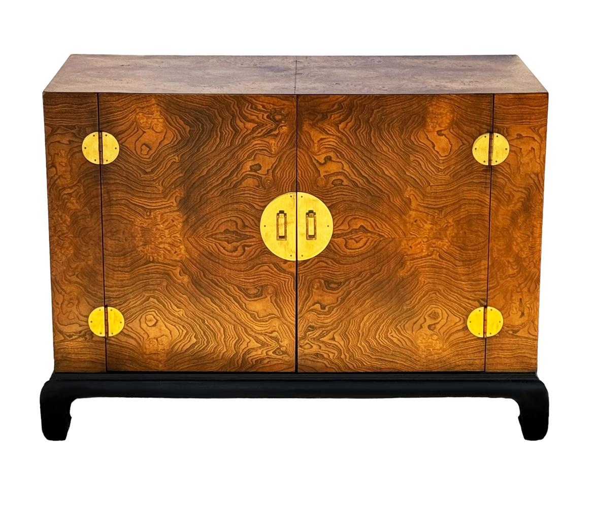 Late 20th Century Midcentury Asian Modern Burl Wood Cabinet Credenza Hollywood Regency Chinoiserie For Sale
