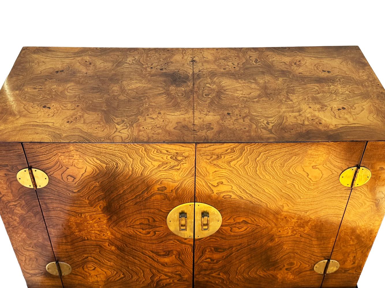 Brass Midcentury Asian Modern Burl Wood Cabinet Credenza Hollywood Regency Chinoiserie For Sale