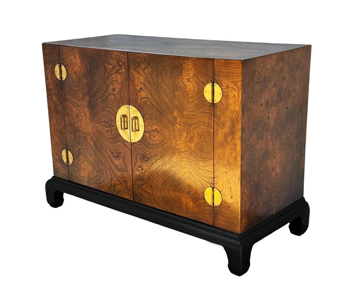 Midcentury Asian Modern Burl Wood Cabinet Credenza Hollywood Regency Chinoiserie For Sale 1