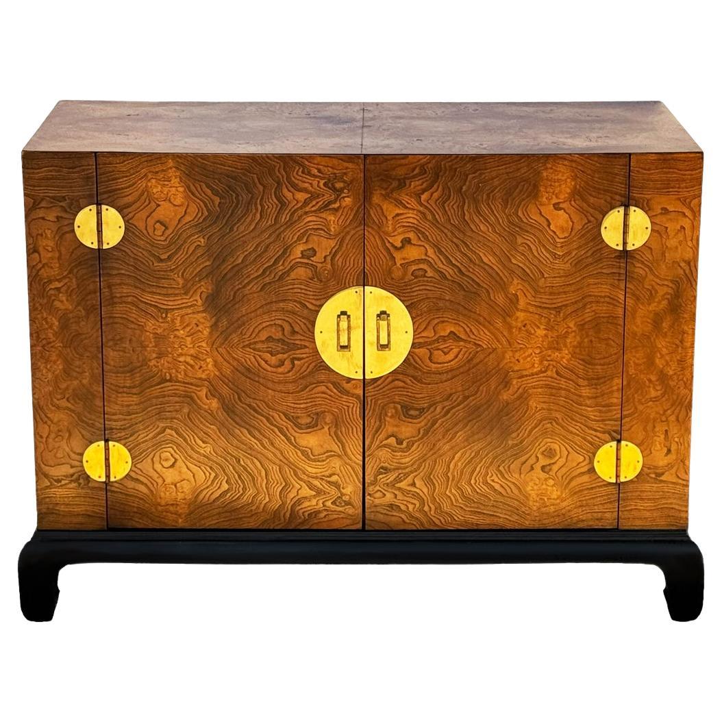 Midcentury Asian Modern Burl Wood Cabinet Credenza Hollywood Regency Chinoiserie For Sale