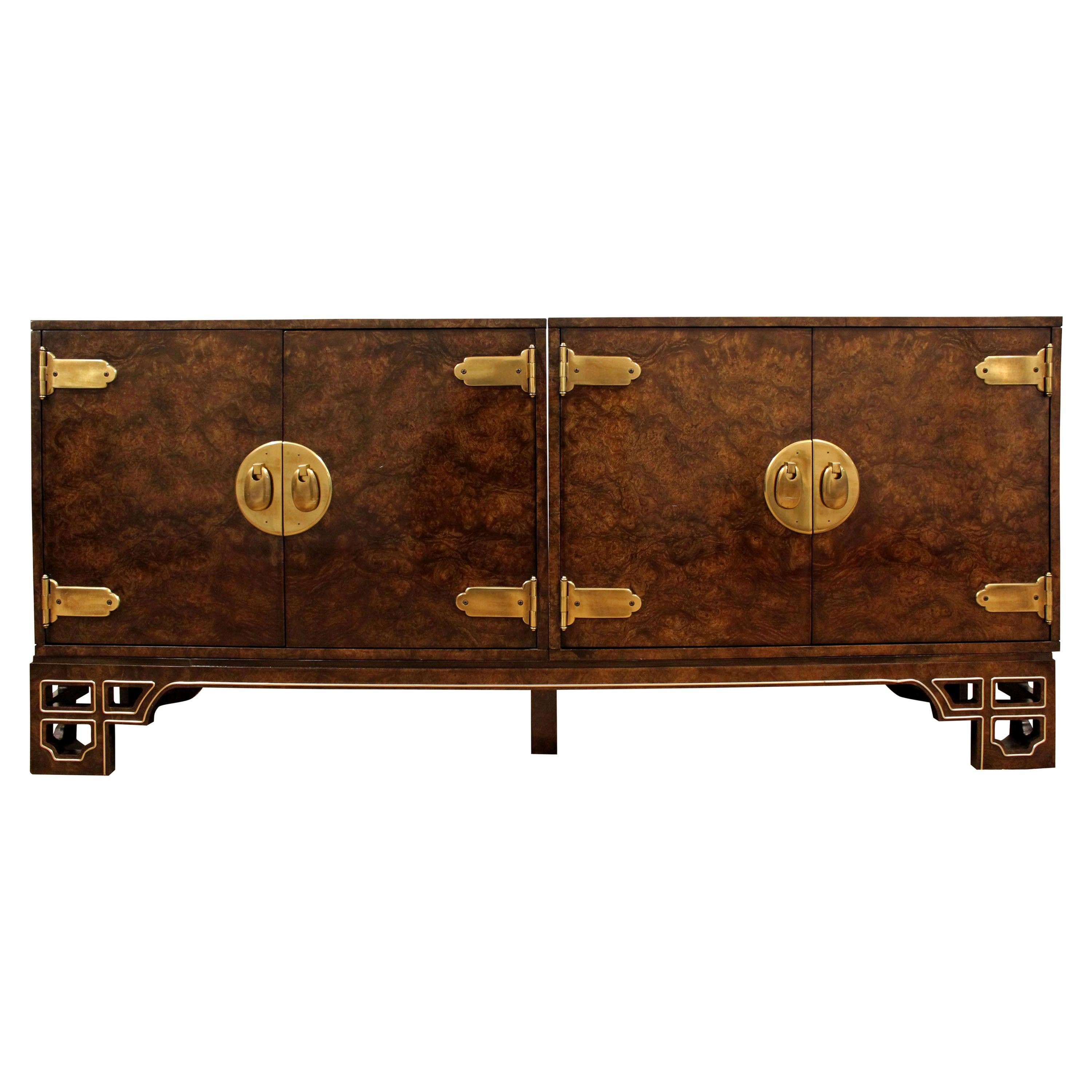 Midcentury Asian Modern Mastercraft Amboyna Burl Three-Piece Credenza