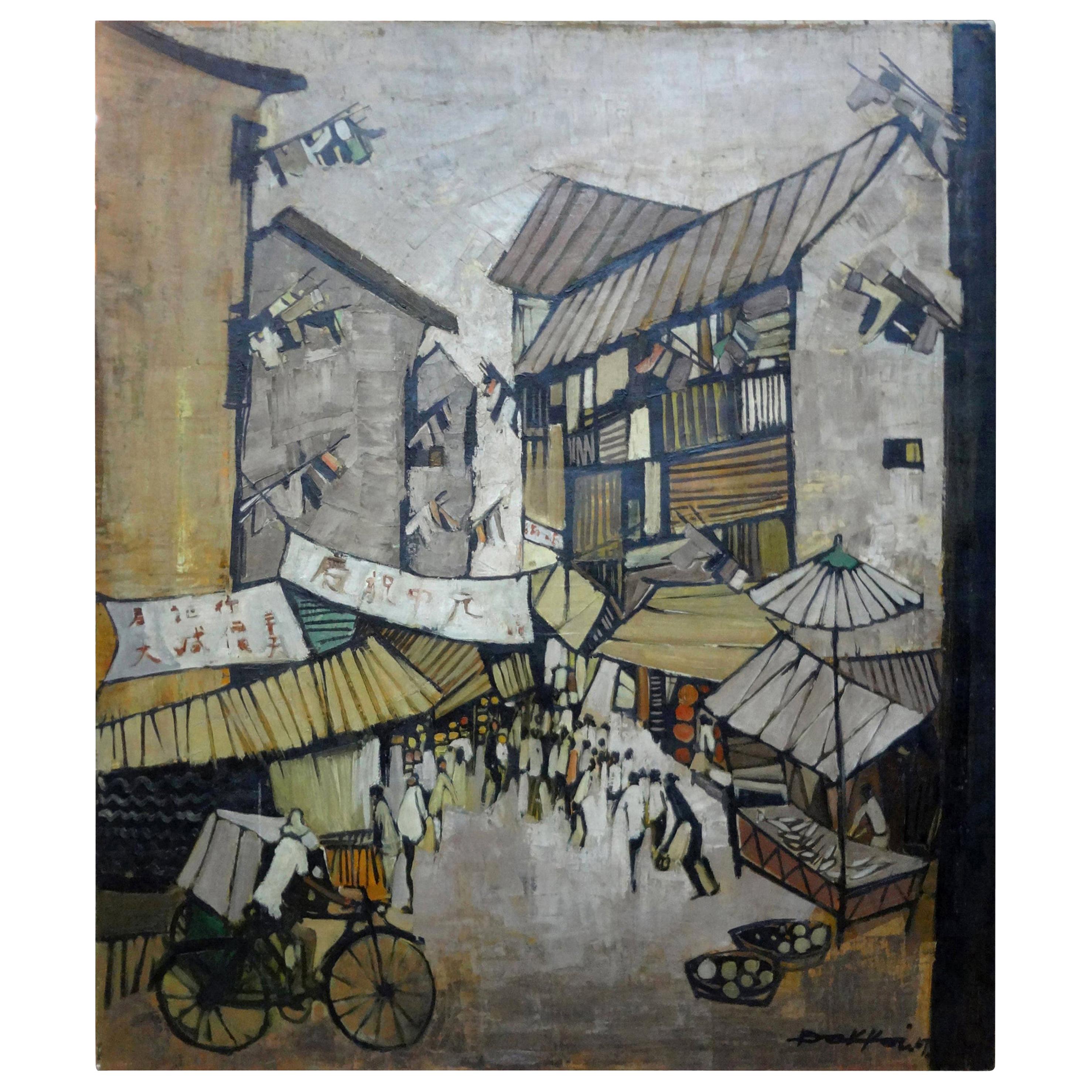 Midcentury Asian Modern Oil on Canvas, Artist Signed