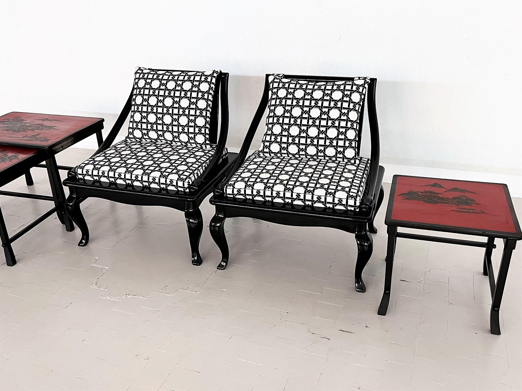 Unknown Midcentury Asian Side Chairs in Black Lacquer Wood and New Upholstery, 1970s For Sale