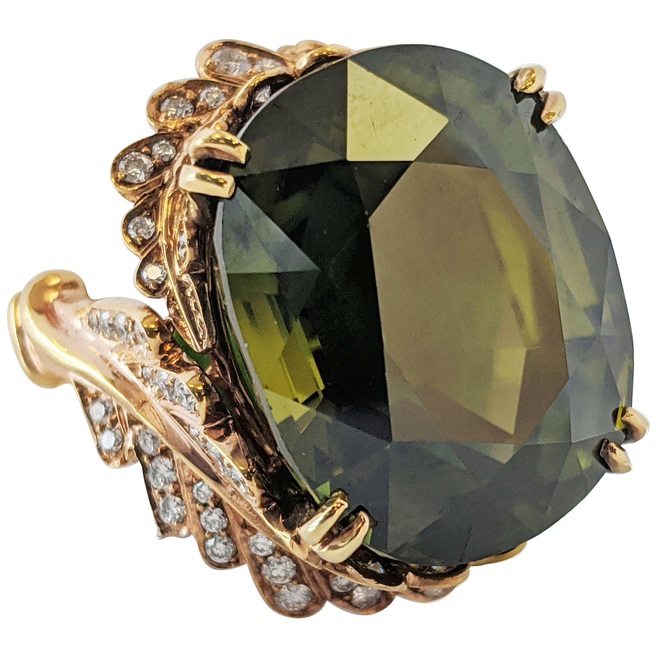 Midcentury Asymmetrical 45+Carat Green Zircon 18 Karat Statement Ring