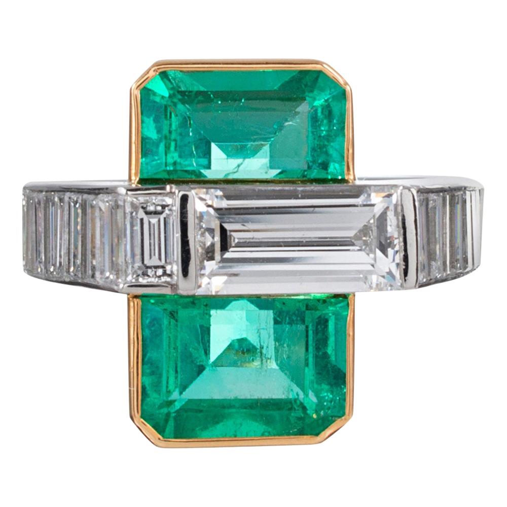 Midcentury Asymmetrical Emerald and Diamond Ring
