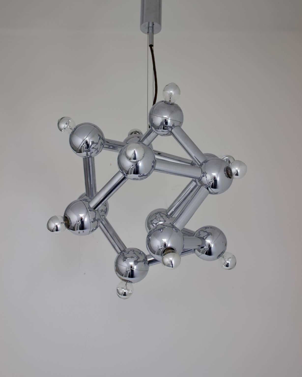 Atomic or space-age chandelier finished in polished chrome. Design 1960s-1970s by Kalmar of Austria, model 