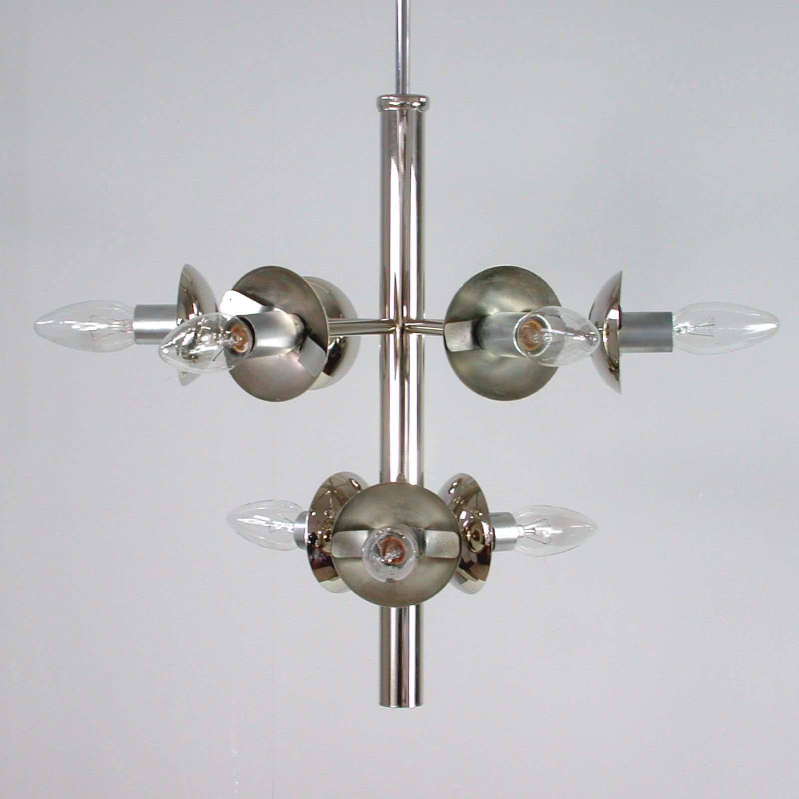 German Midcentury Atomic Sputnik Space Age Chrome Opaline Nine-Light Chandelier, 1960s For Sale