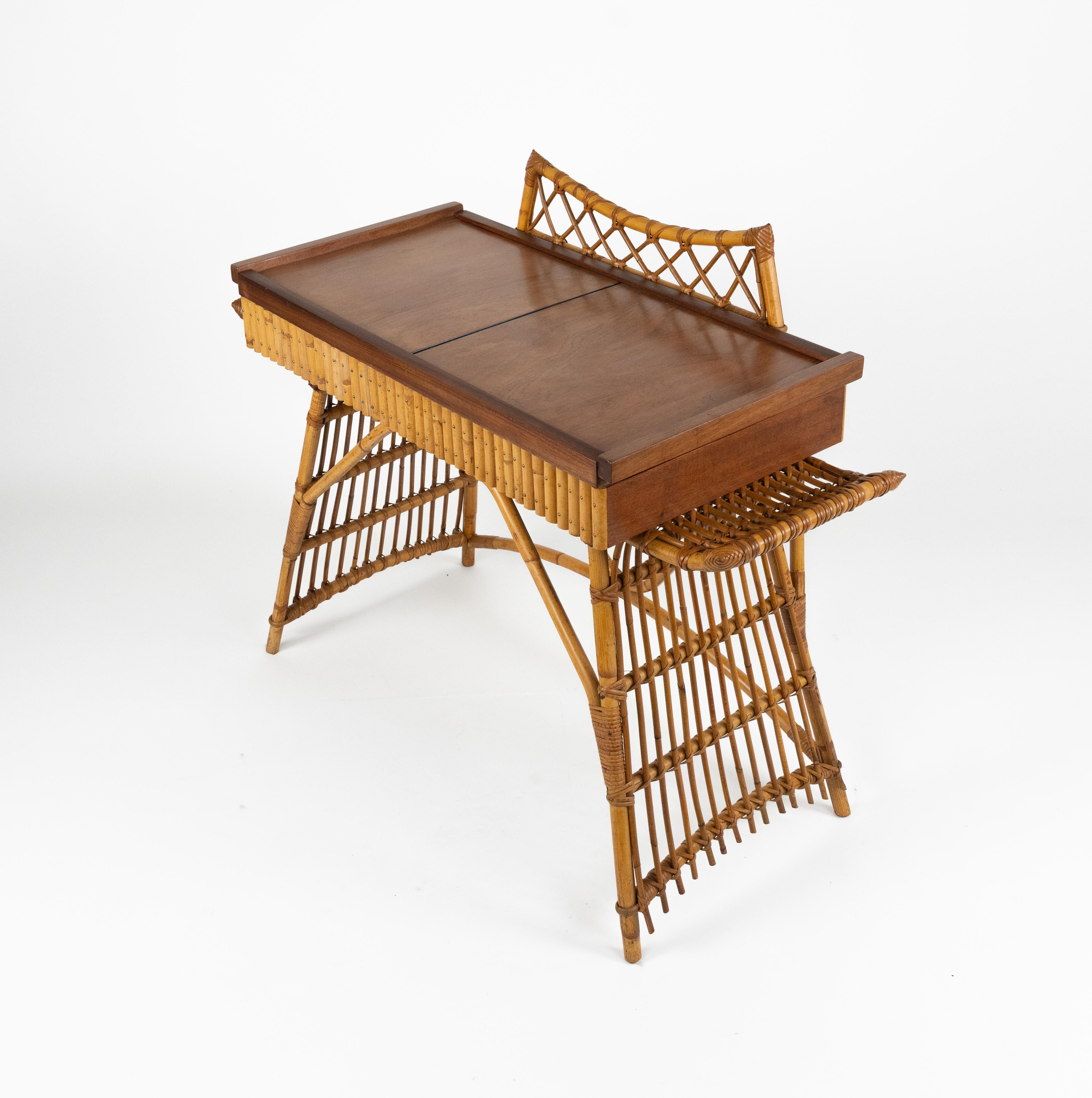 Midcentury Audoux Minet Desk Console Table Rattan, Bamboo & Wood, Italy 1960s For Sale 3