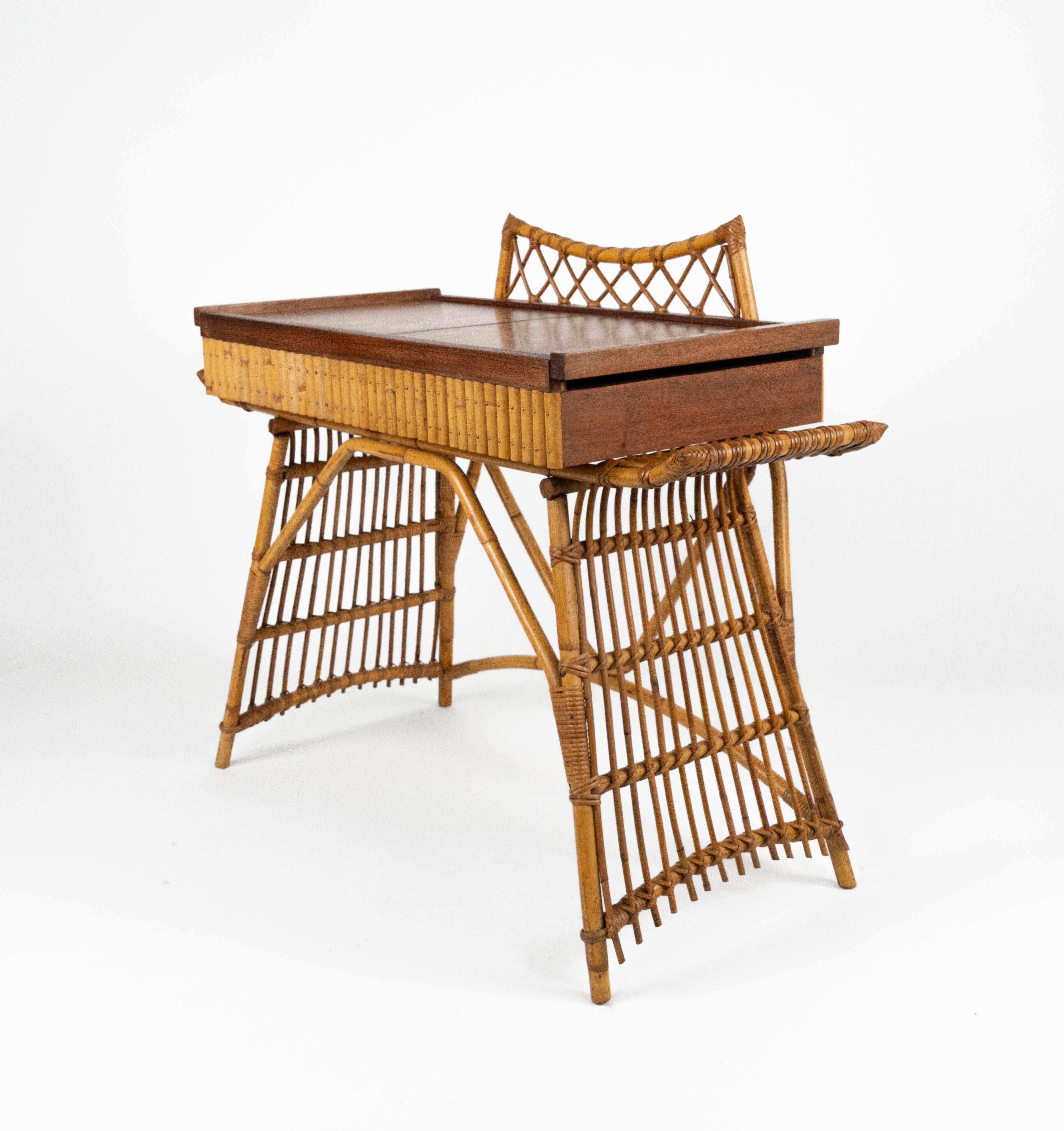 Midcentury Audoux Minet Desk Console Table Rattan, Bamboo & Wood, Italy 1960s For Sale 4