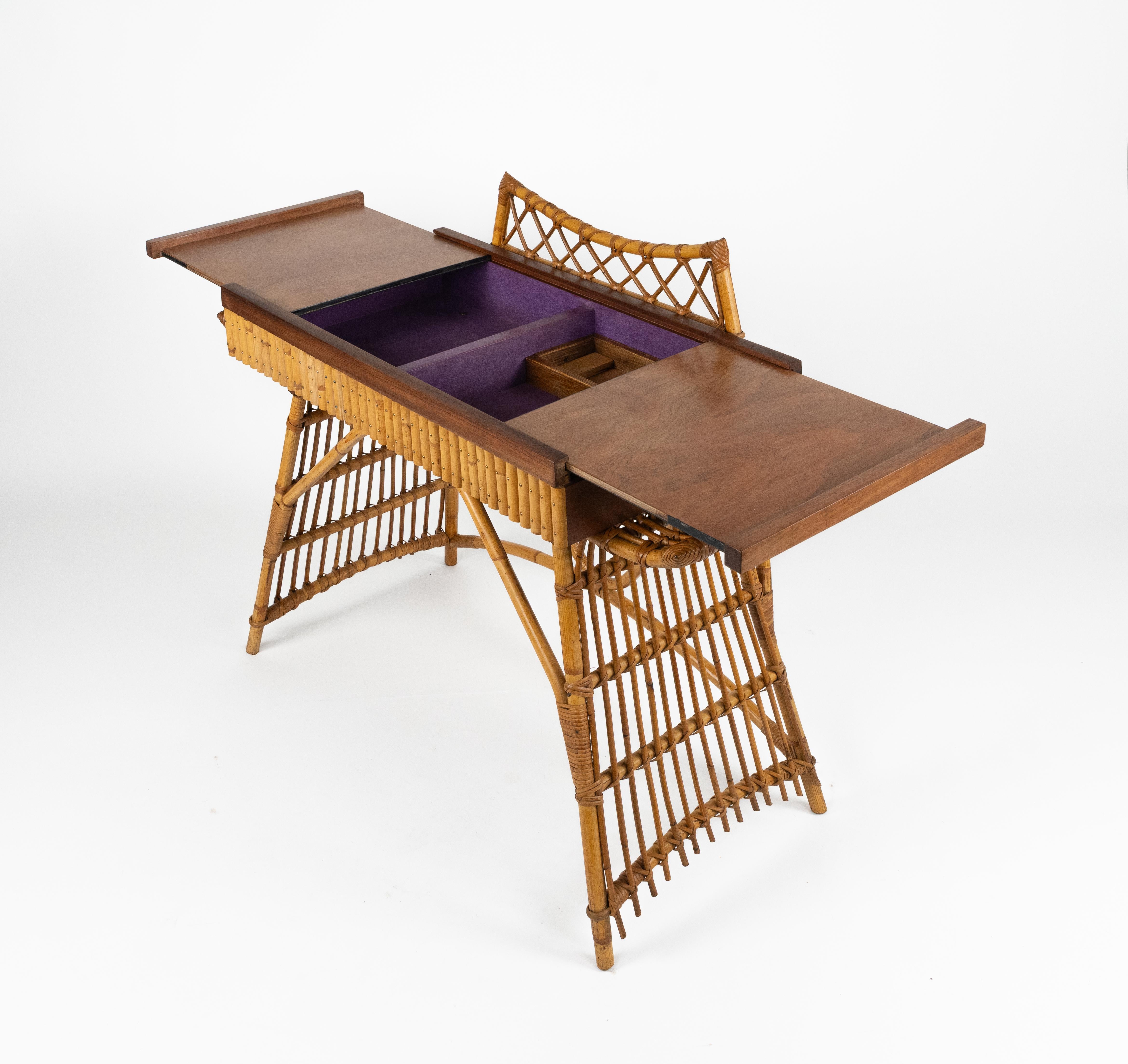 Midcentury Audoux Minet Desk Console Table Rattan, Bamboo & Wood, Italy 1960s For Sale 5