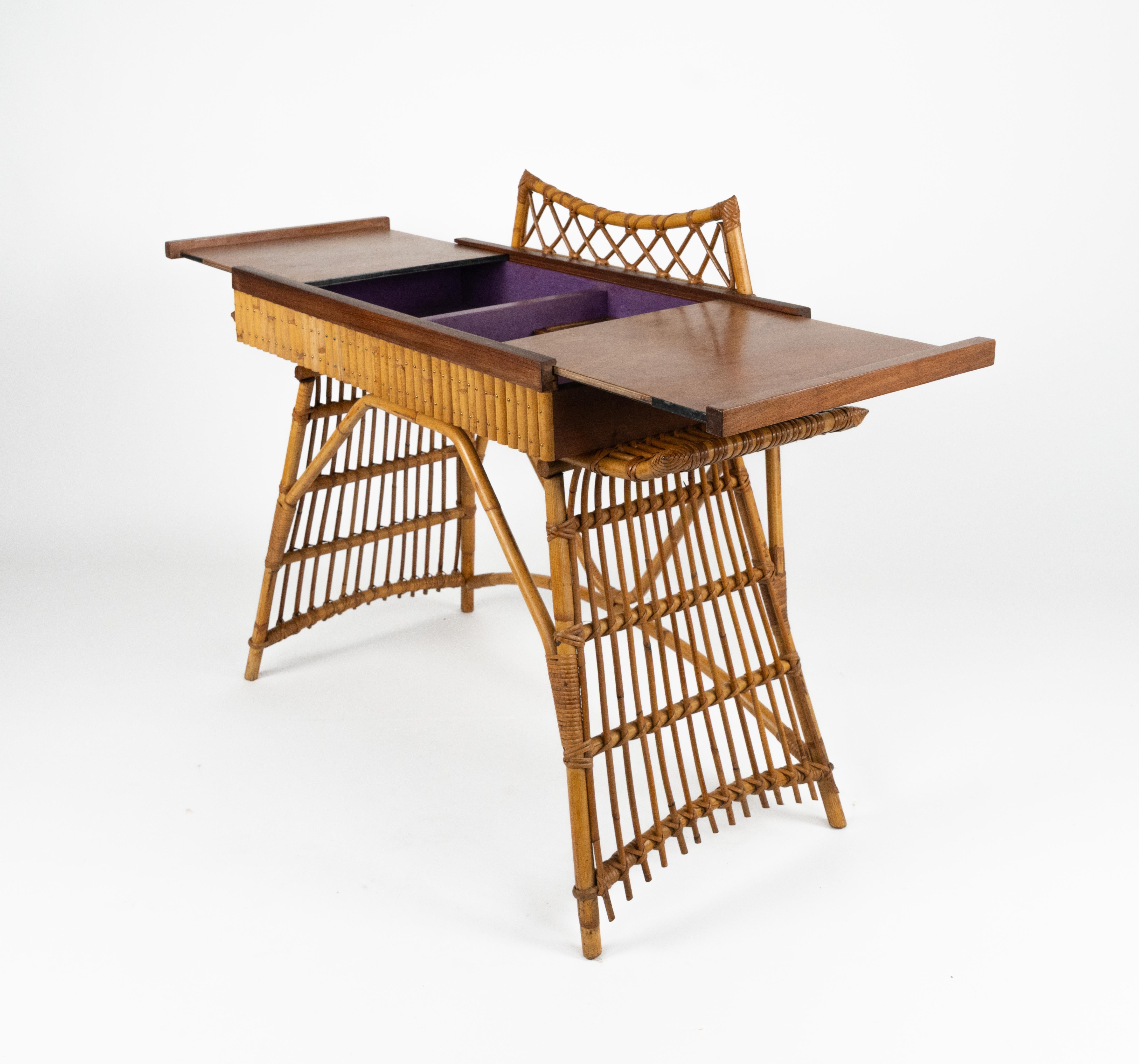 Midcentury Audoux Minet Desk Console Table Rattan, Bamboo & Wood, Italy 1960s For Sale 6