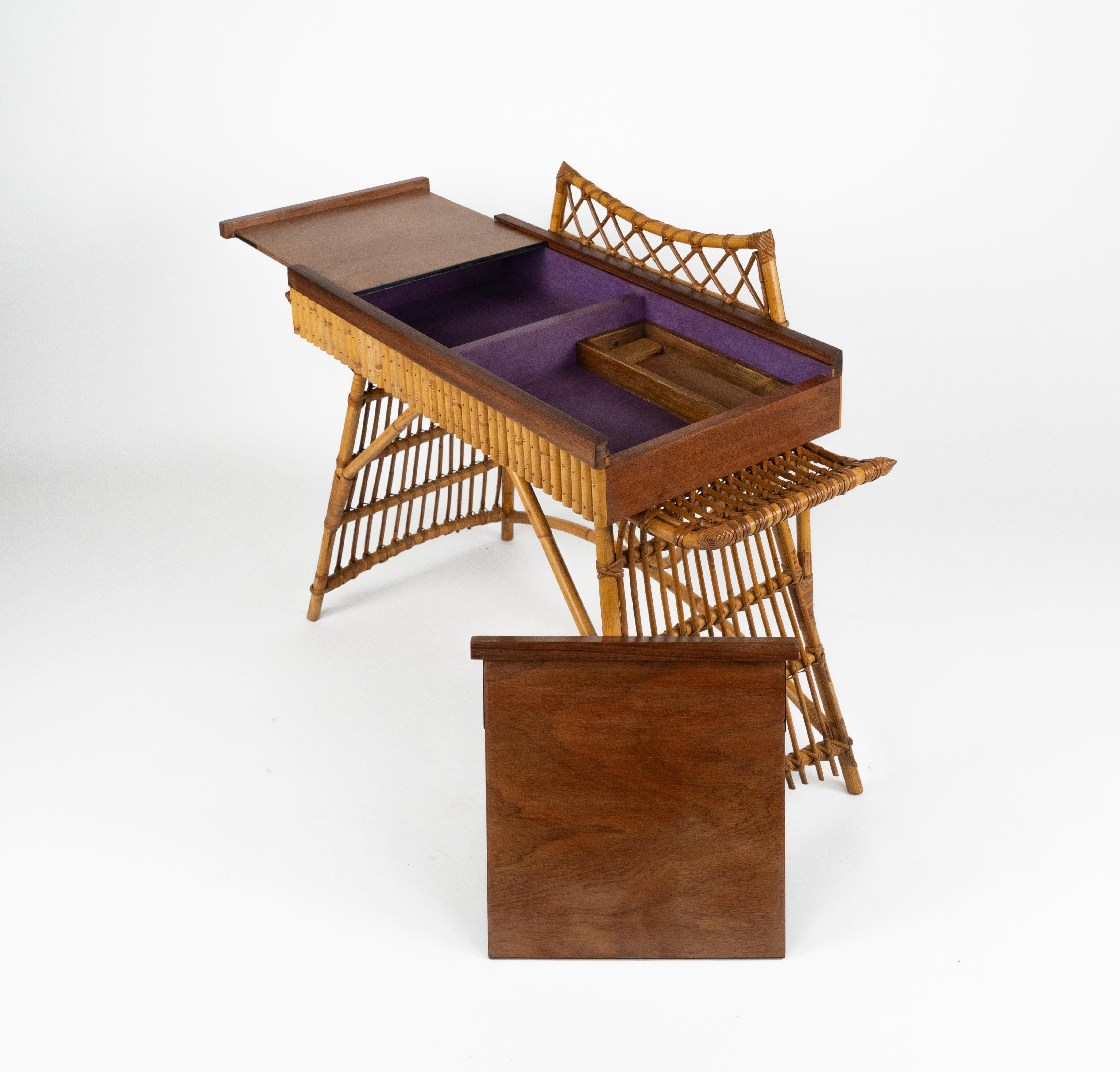 Midcentury Audoux Minet Desk Console Table Rattan, Bamboo & Wood, Italy 1960s For Sale 7