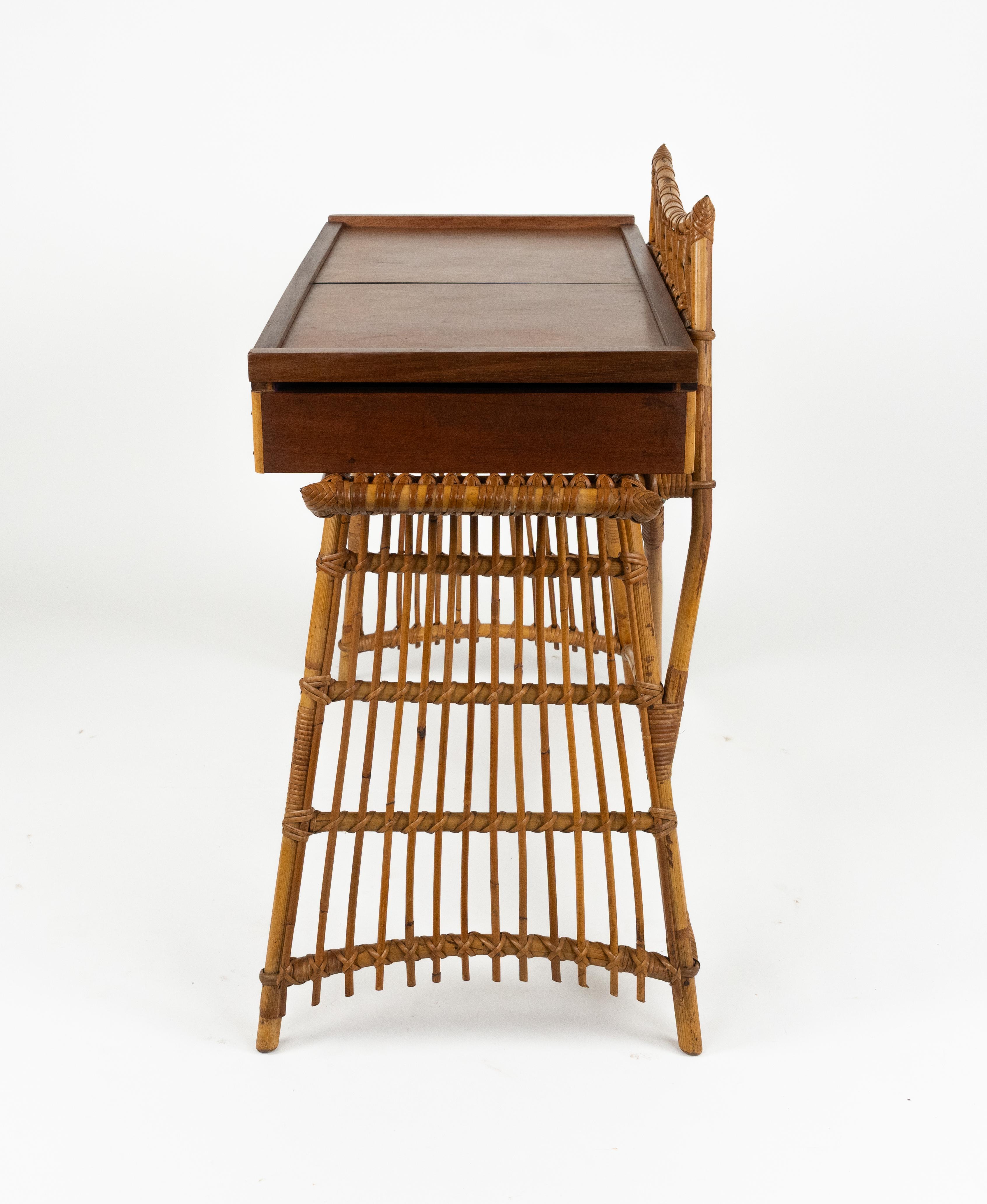 Midcentury Audoux Minet Desk Console Table Rattan, Bamboo & Wood, Italy 1960s For Sale 8