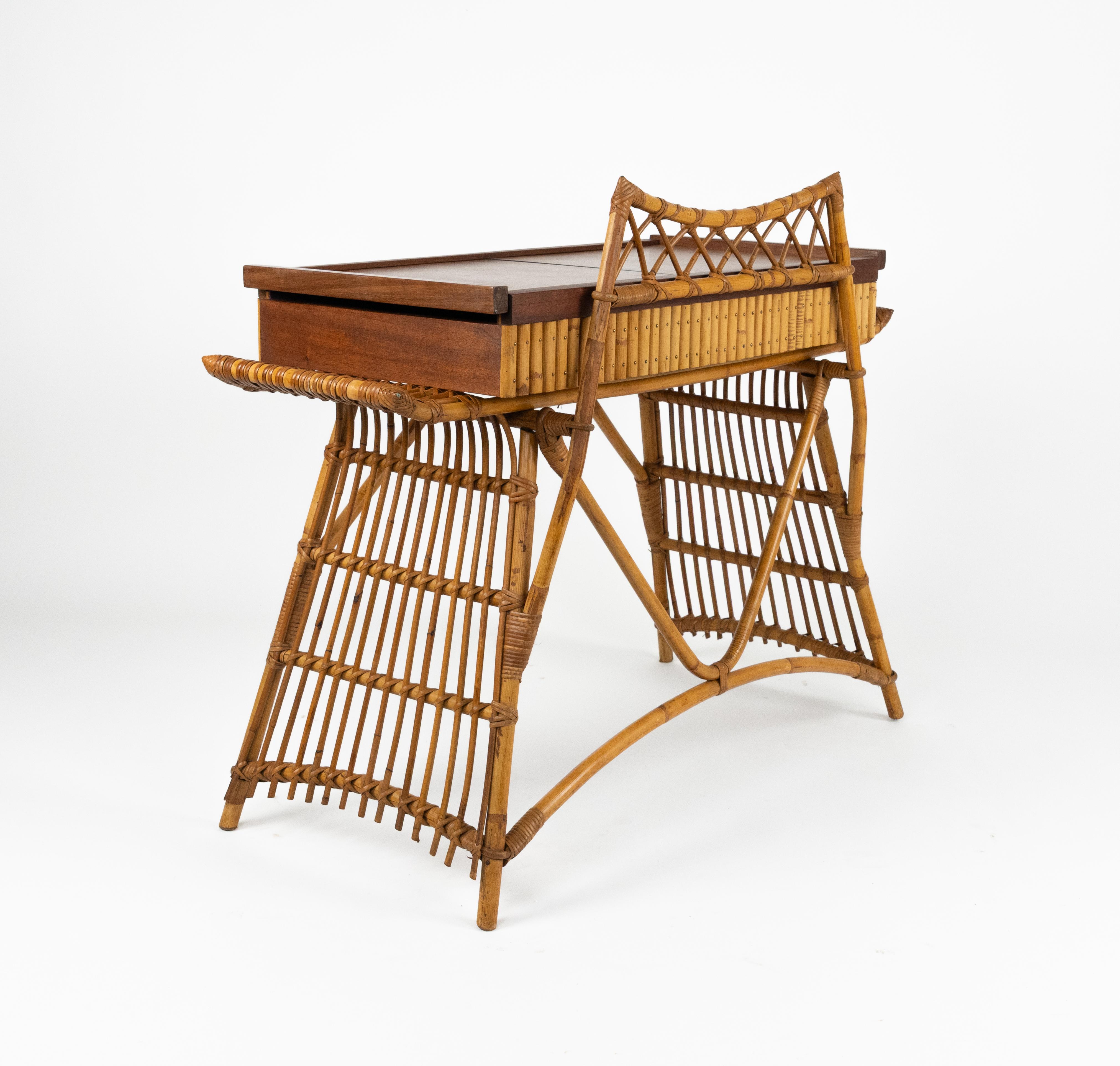 Midcentury Audoux Minet Desk Console Table Rattan, Bamboo & Wood, Italy 1960s For Sale 9