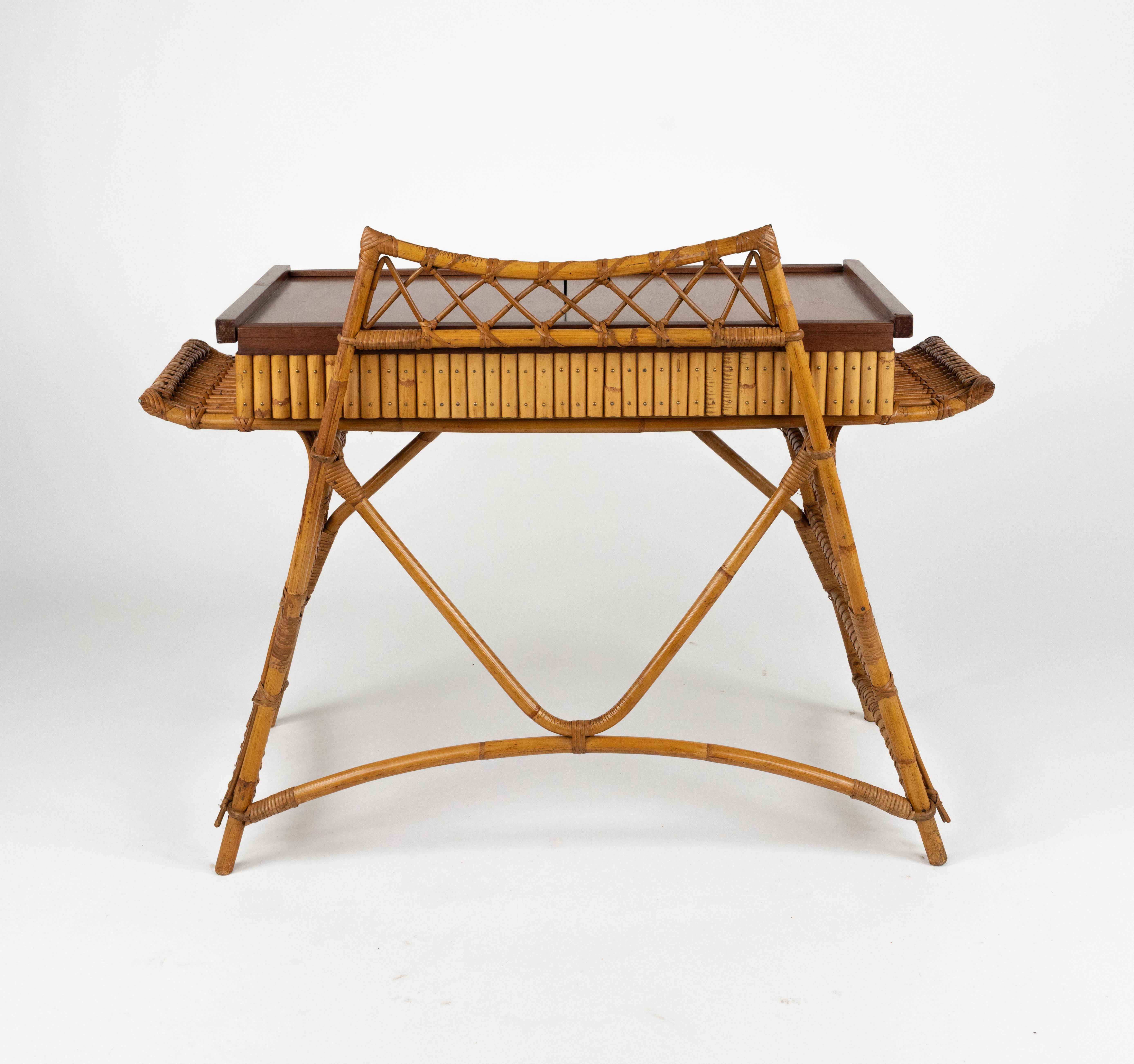 Midcentury Audoux Minet Desk Console Table Rattan, Bamboo & Wood, Italy 1960s For Sale 10