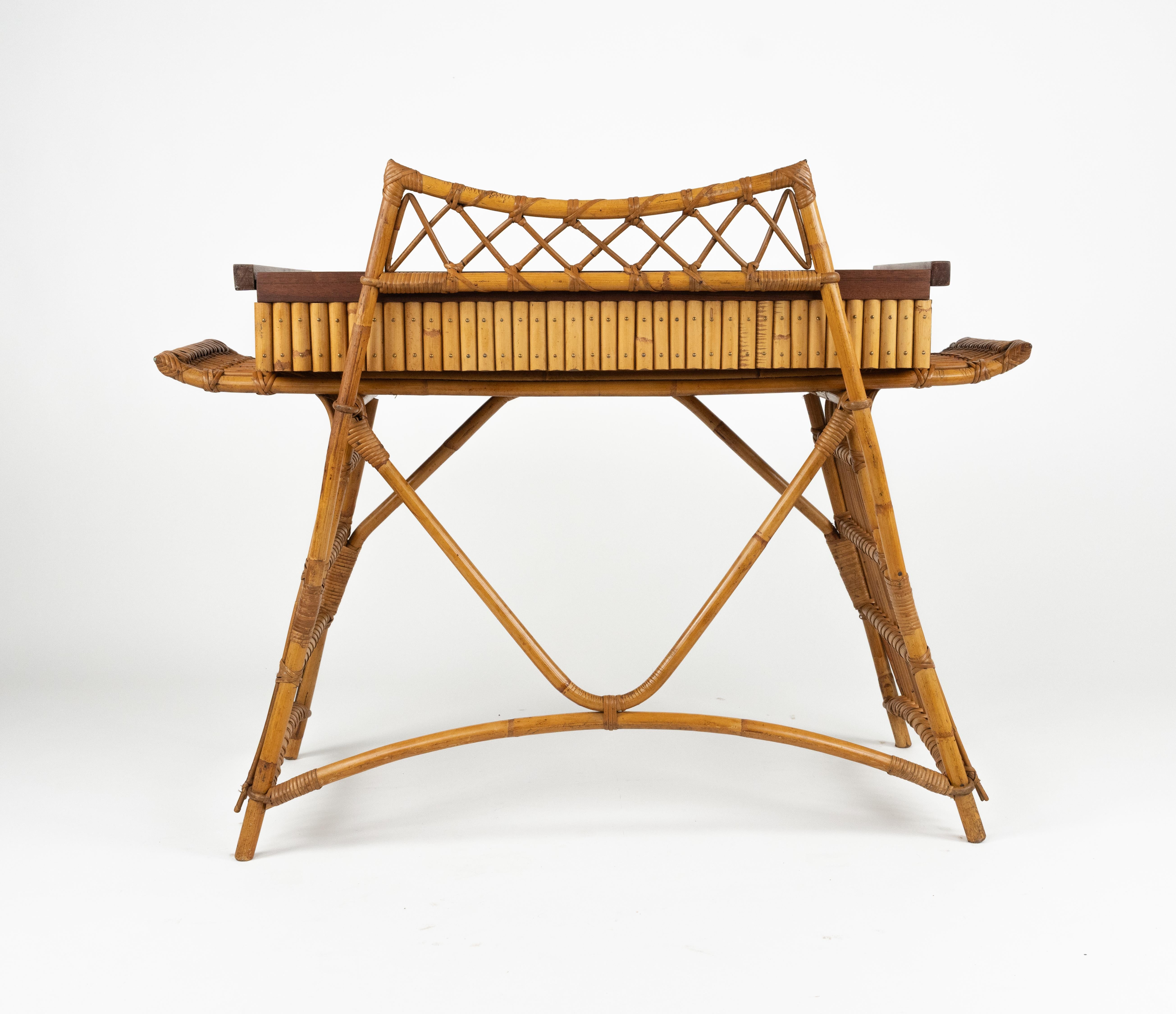 Midcentury Audoux Minet Desk Console Table Rattan, Bamboo & Wood, Italy 1960s For Sale 11