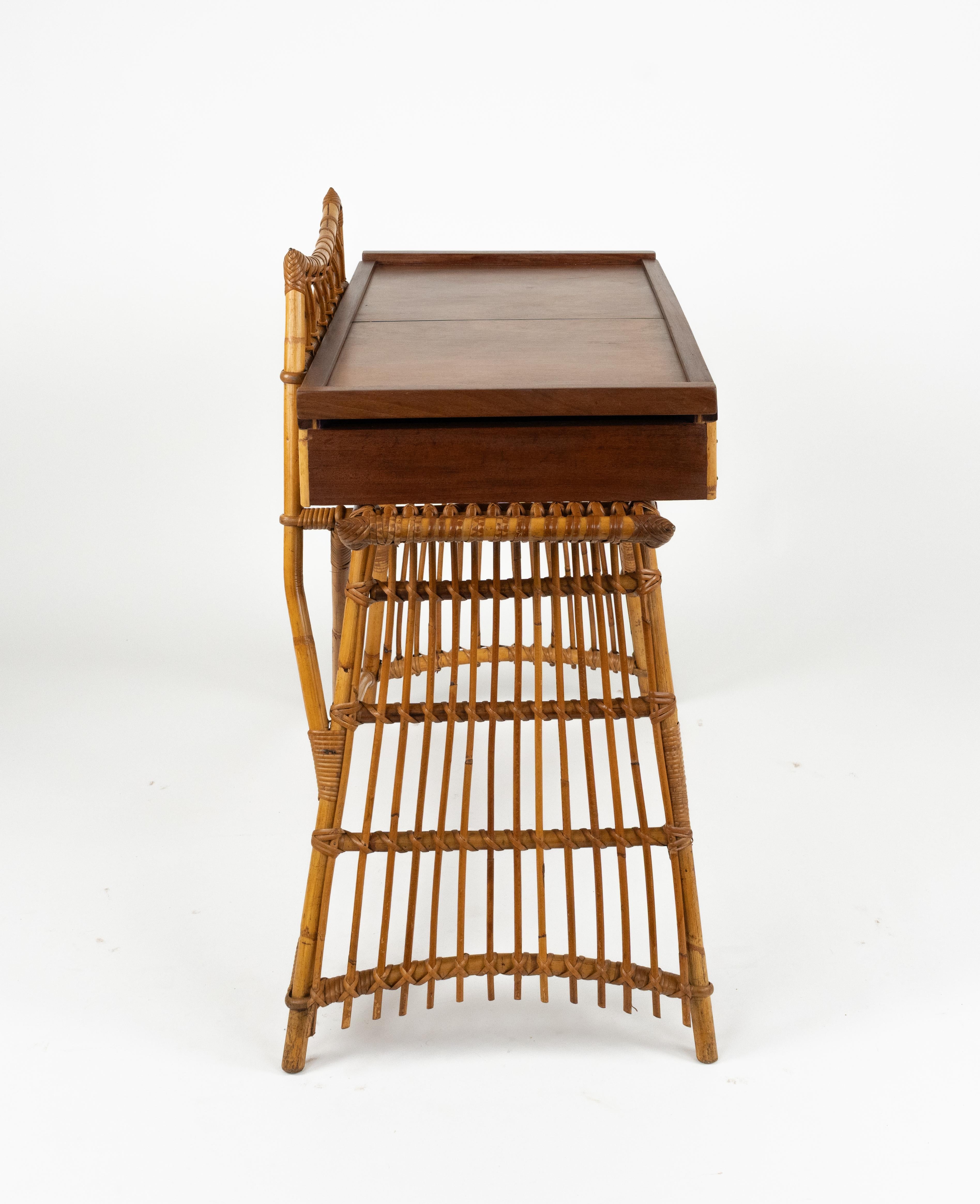 Midcentury Audoux Minet Desk Console Table Rattan, Bamboo & Wood, Italy 1960s For Sale 12
