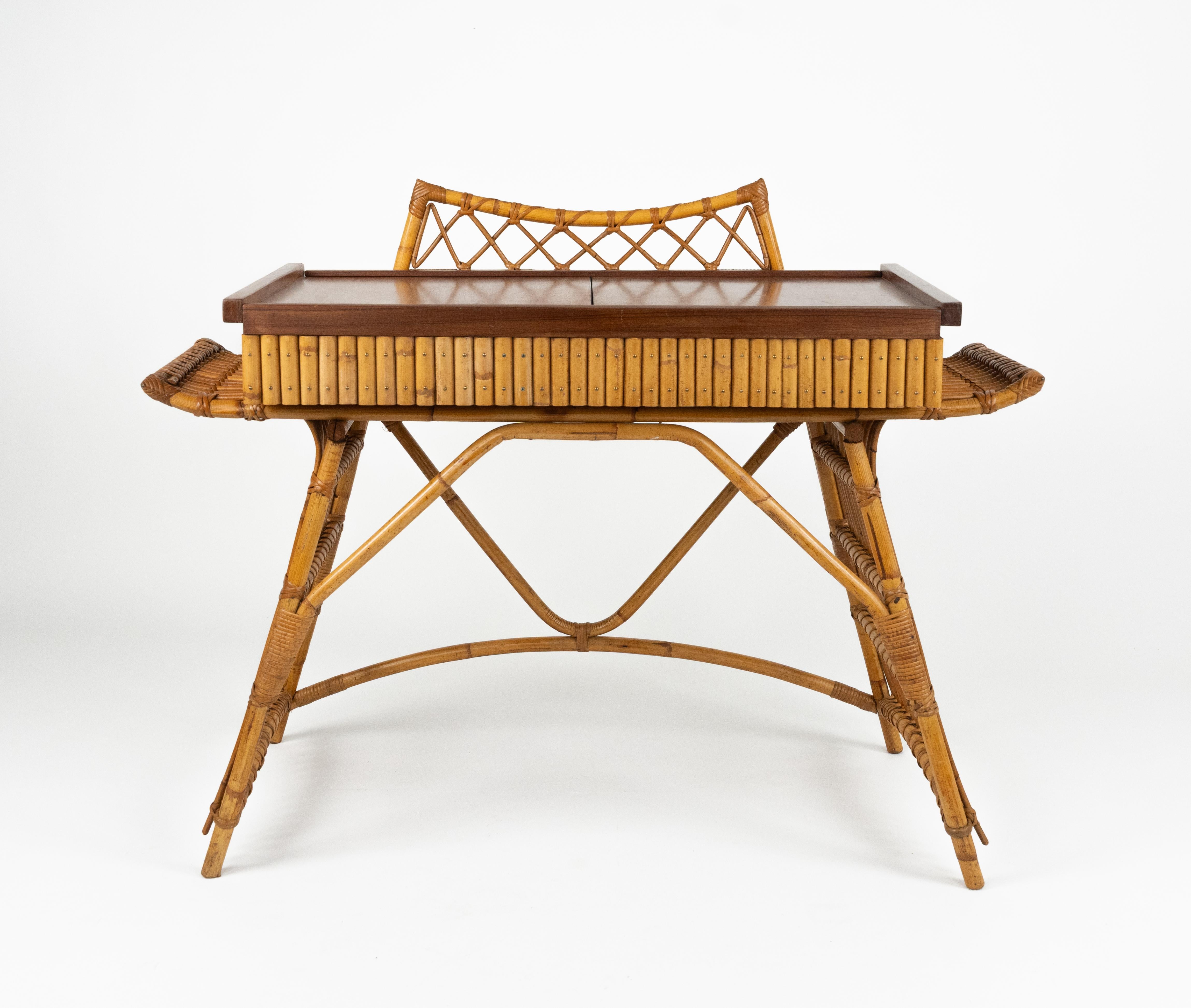 Mid-Century Modern Midcentury Audoux Minet Desk Console Table Rattan, Bamboo & Wood, Italy 1960s For Sale