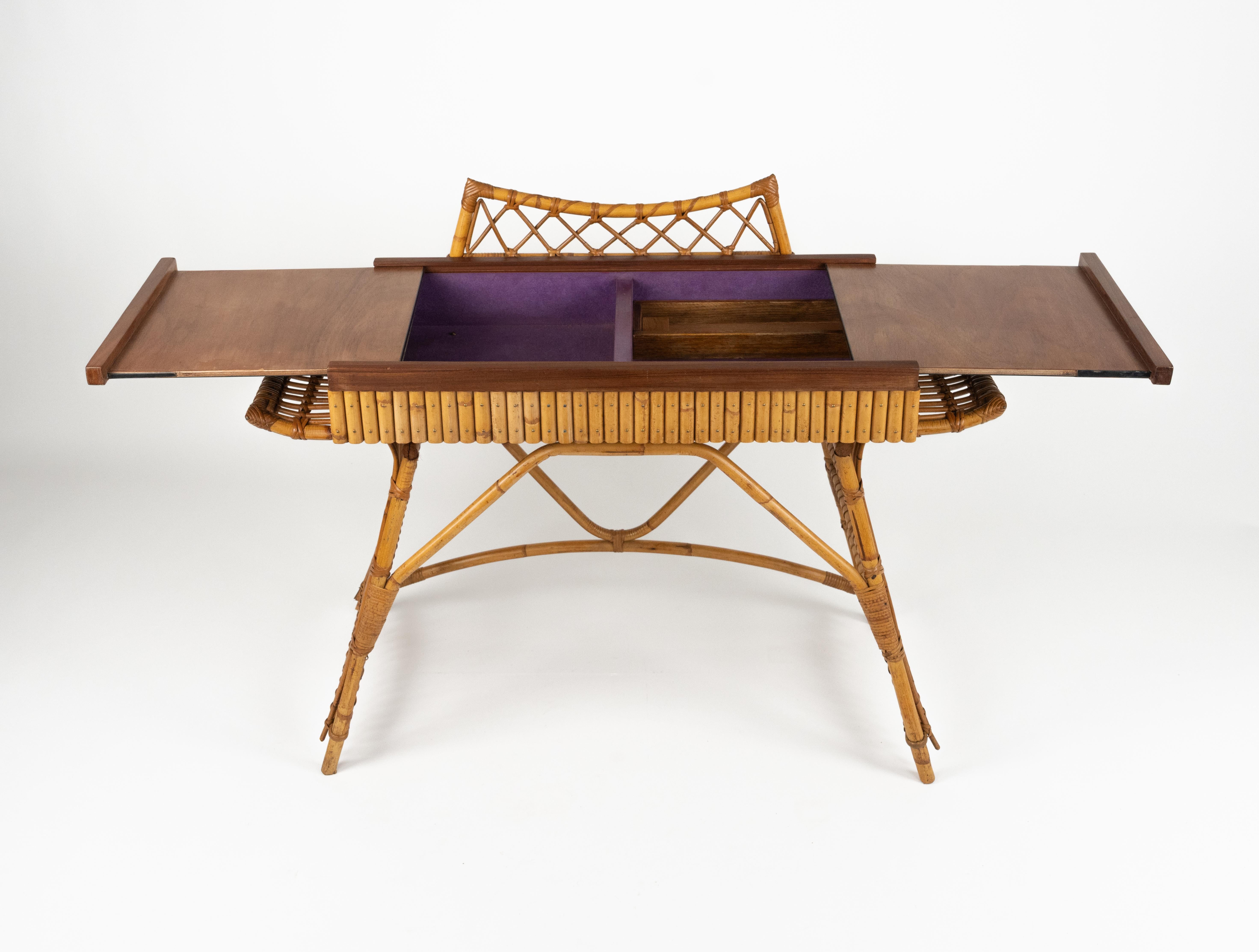 Italian Midcentury Audoux Minet Desk Console Table Rattan, Bamboo & Wood, Italy 1960s For Sale