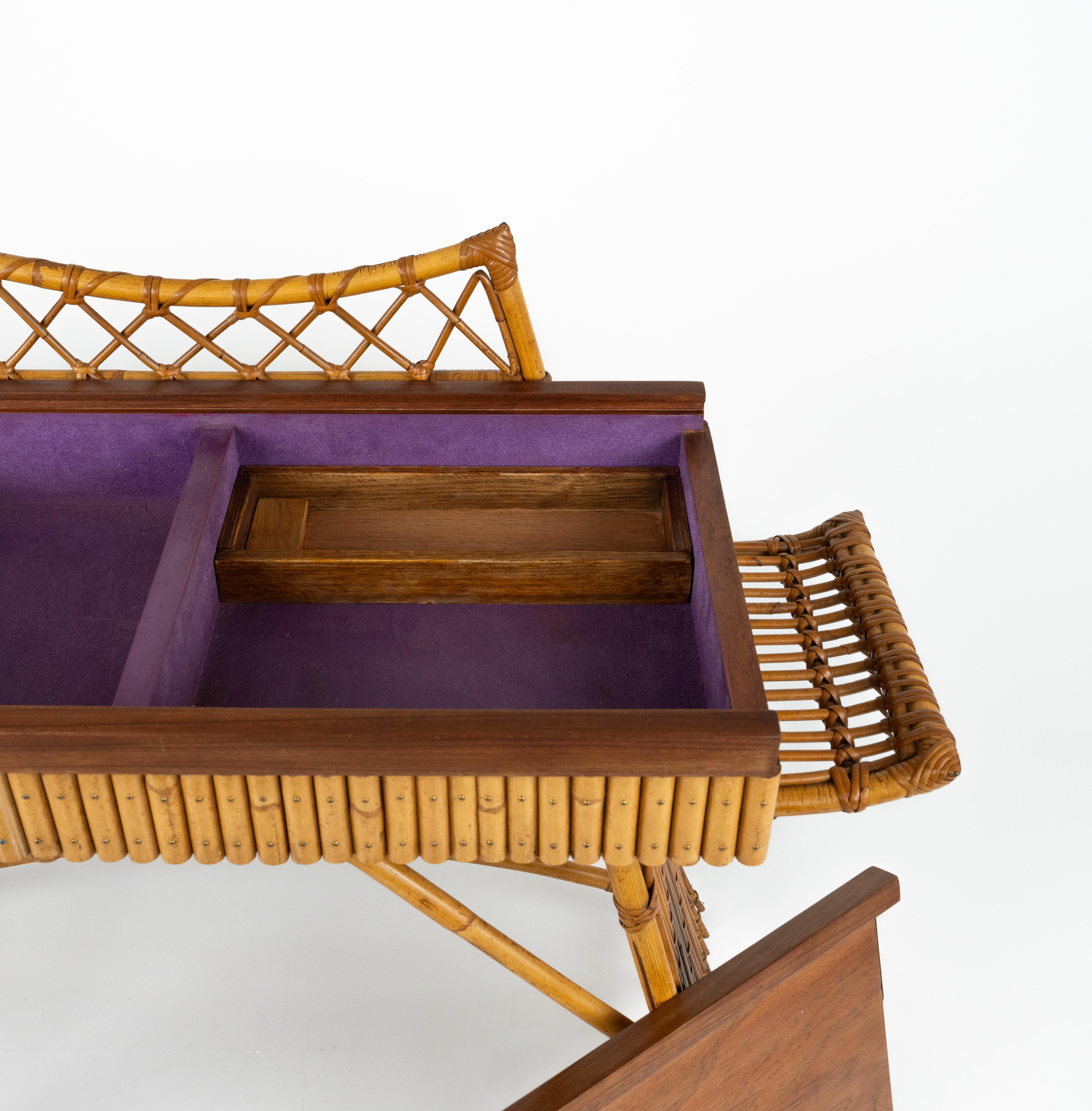 Hand-Crafted Midcentury Audoux Minet Desk Console Table Rattan, Bamboo & Wood, Italy 1960s For Sale
