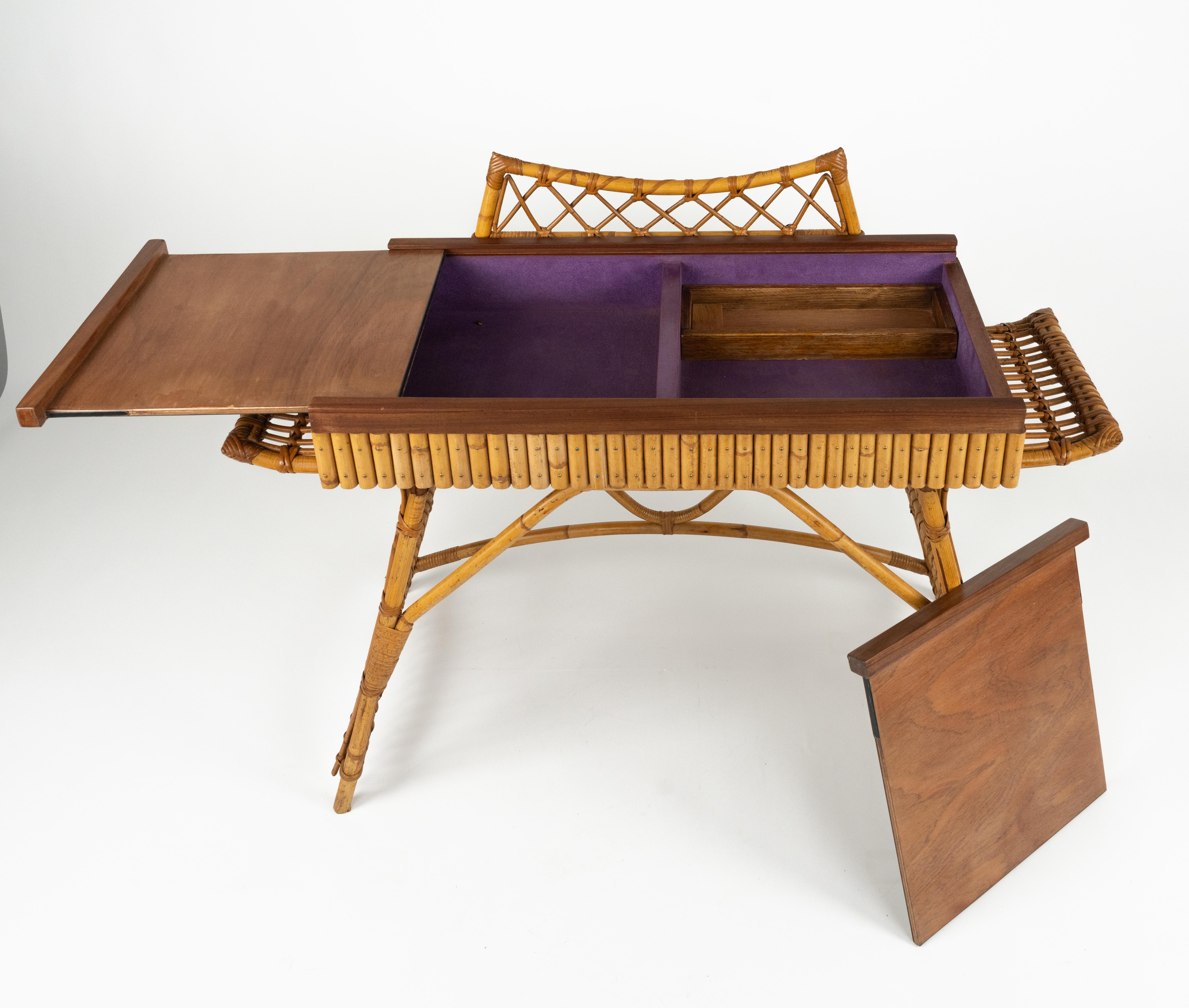Midcentury Audoux Minet Desk Console Table Rattan, Bamboo & Wood, Italy 1960s In Good Condition For Sale In Rome, IT